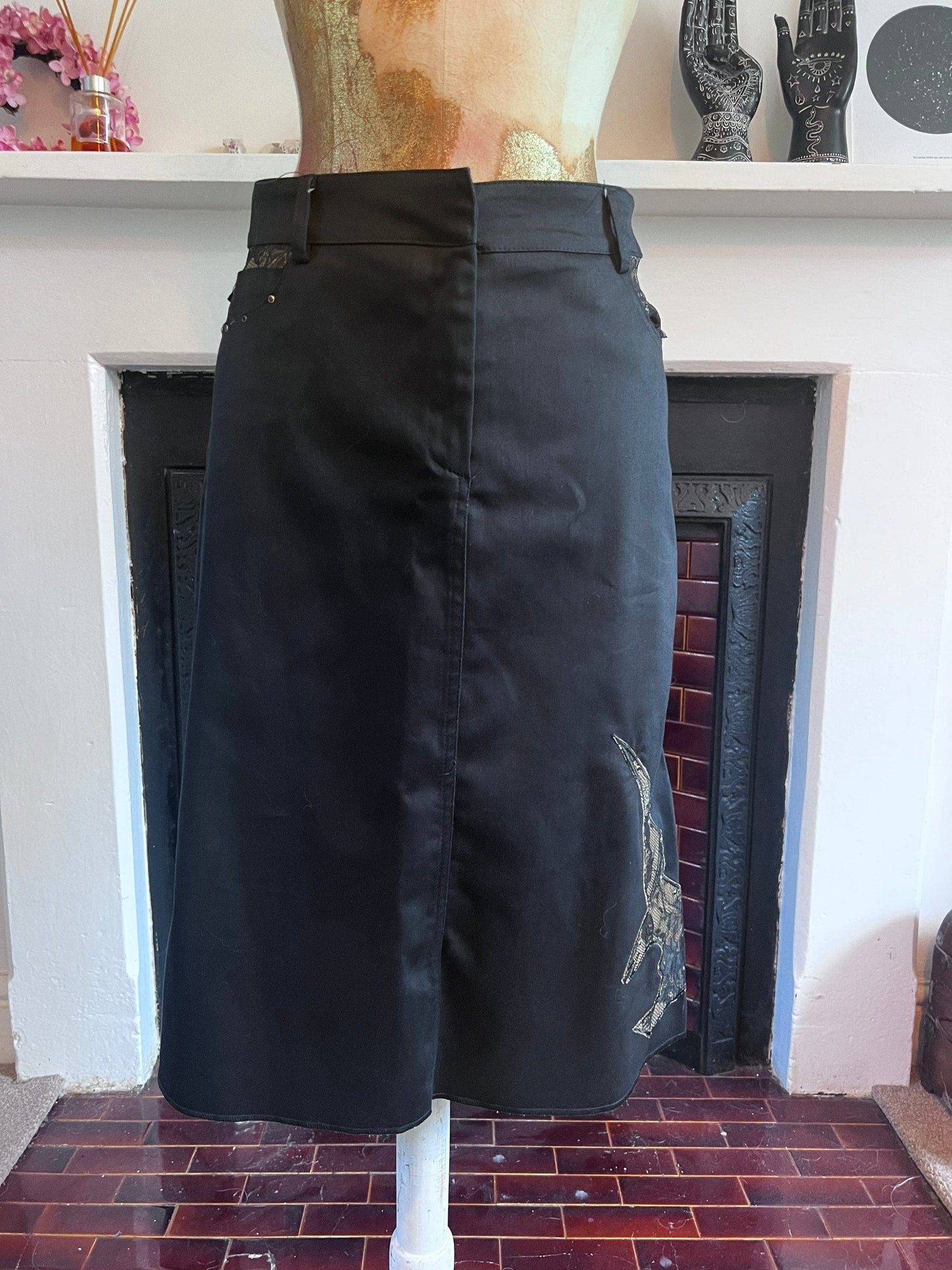 Vintage Black Western Style Skirt - Lace Details - A-Line Black Skirt 90s Black Stretch Skirt - Sharagano UK12