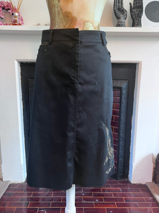 Vintage Black Western Style Skirt - Lace Details - A-Line Black Skirt 90s Black Stretch Skirt - Sharagano UK12