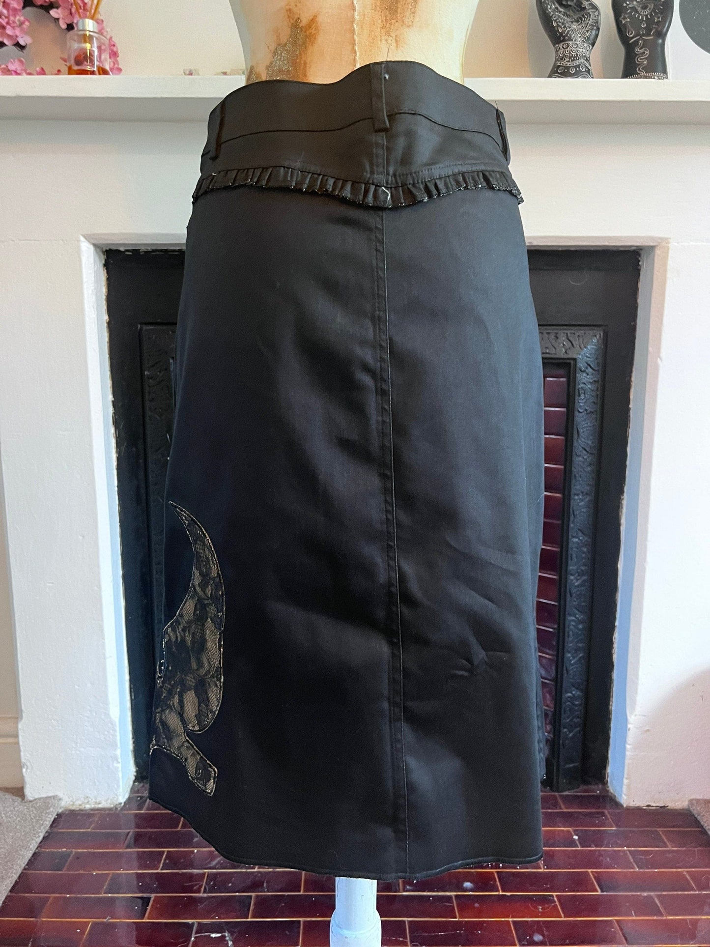 Vintage Black Western Style Skirt - Lace Details - A-Line Black Skirt 90s Black Stretch Skirt - Sharagano UK12