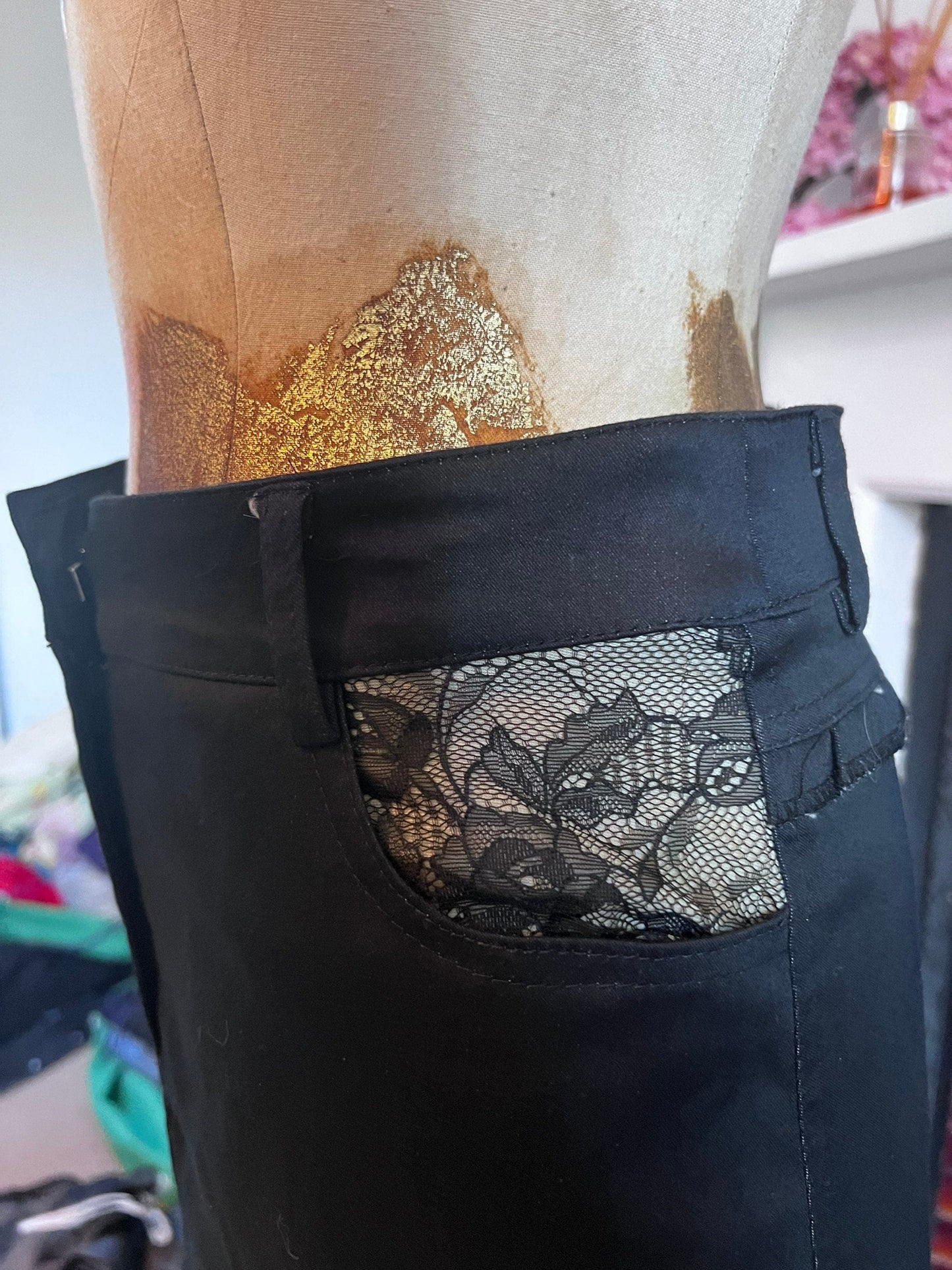 Vintage Black Western Style Skirt - Lace Details - A-Line Black Skirt 90s Black Stretch Skirt - Sharagano UK12