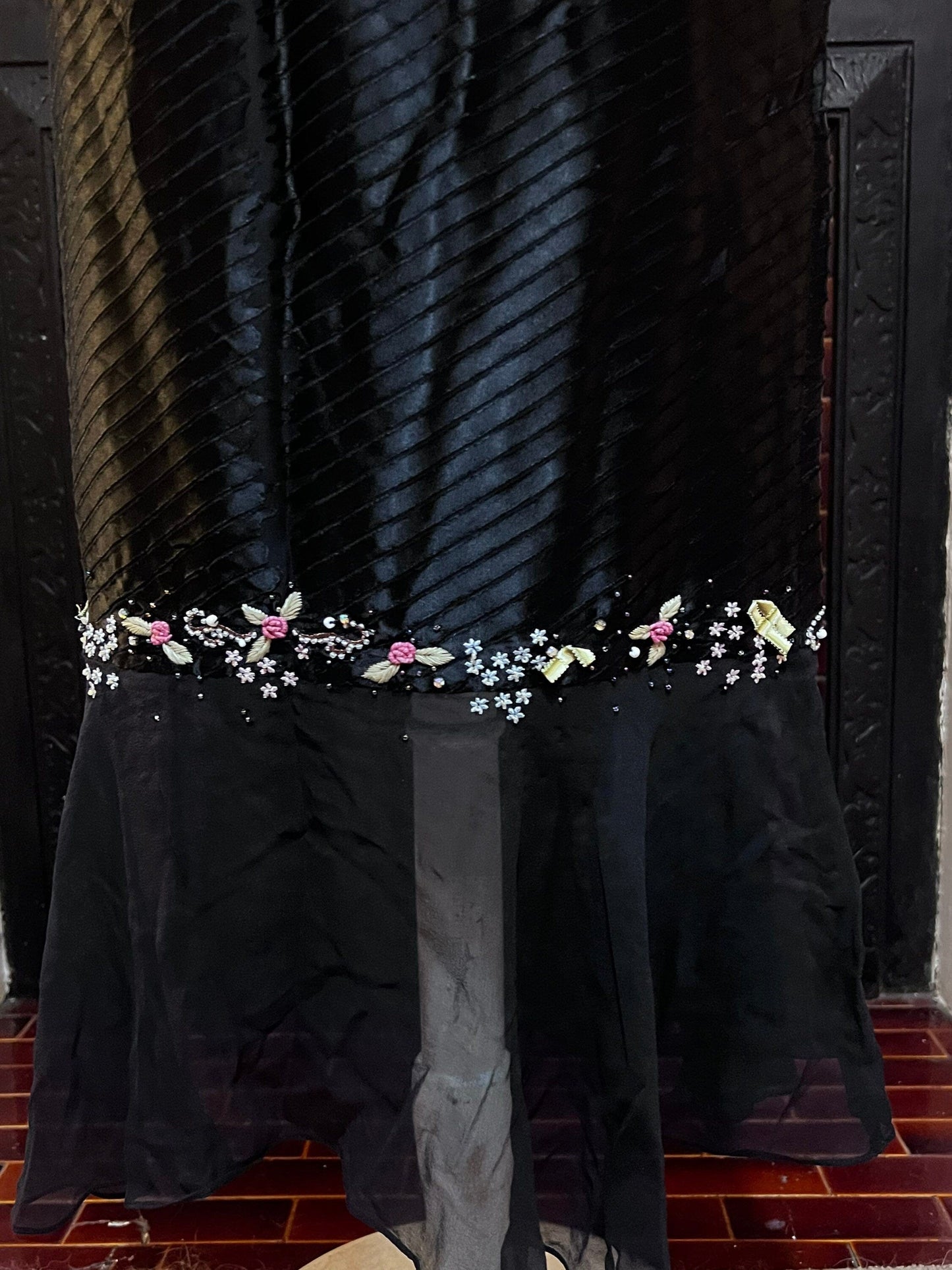Vintage Black Skirt Silk Viscose Victorian Style Skirt - Press & Bastyan Chiffon over layer skirt UK12 Black with floral beaded detail layer