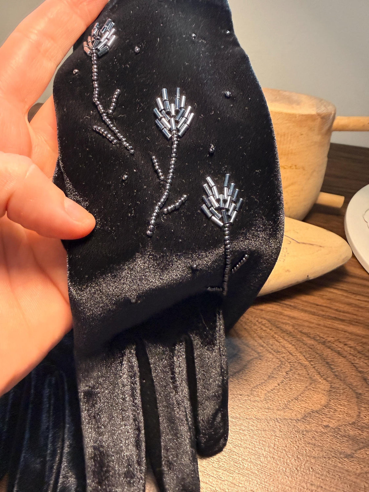 Vintage Black Velvet Gloves with Beaded Floral Design | Evening Gloves