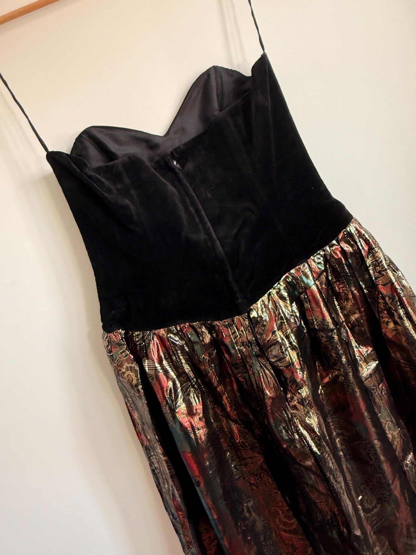 Vintage Black Velvet Strapless Party Dress | Metallic Brocade Skirt | 1980s Prom Dress | Cocktail Dress | Festive Occasion Wear