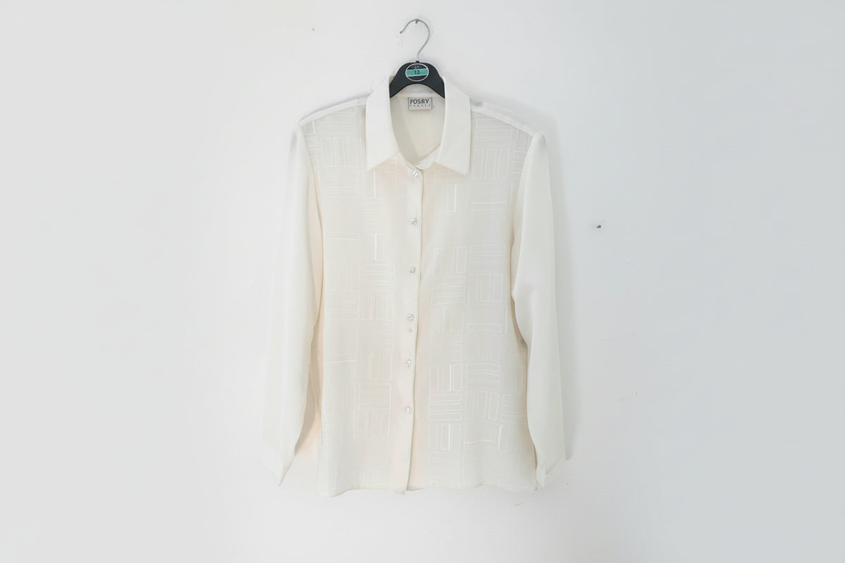 Cream Vintage Blouse Semi Sheer Button Through Boxy long Sleeves - Size 14