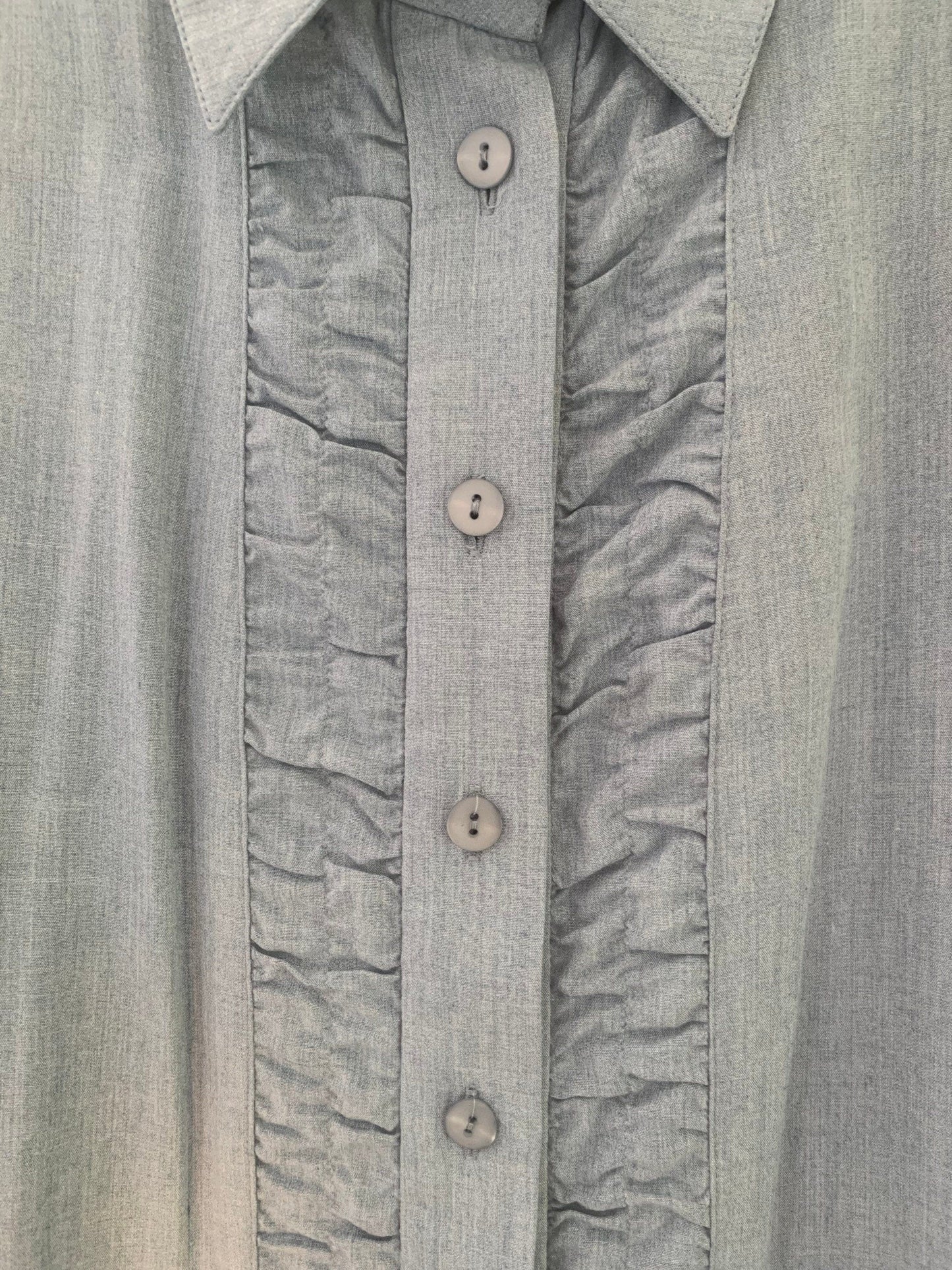 Blue Vintage Frilly Blouse Button Through Boxy long Sleeves - Size 14 - Double Cuff