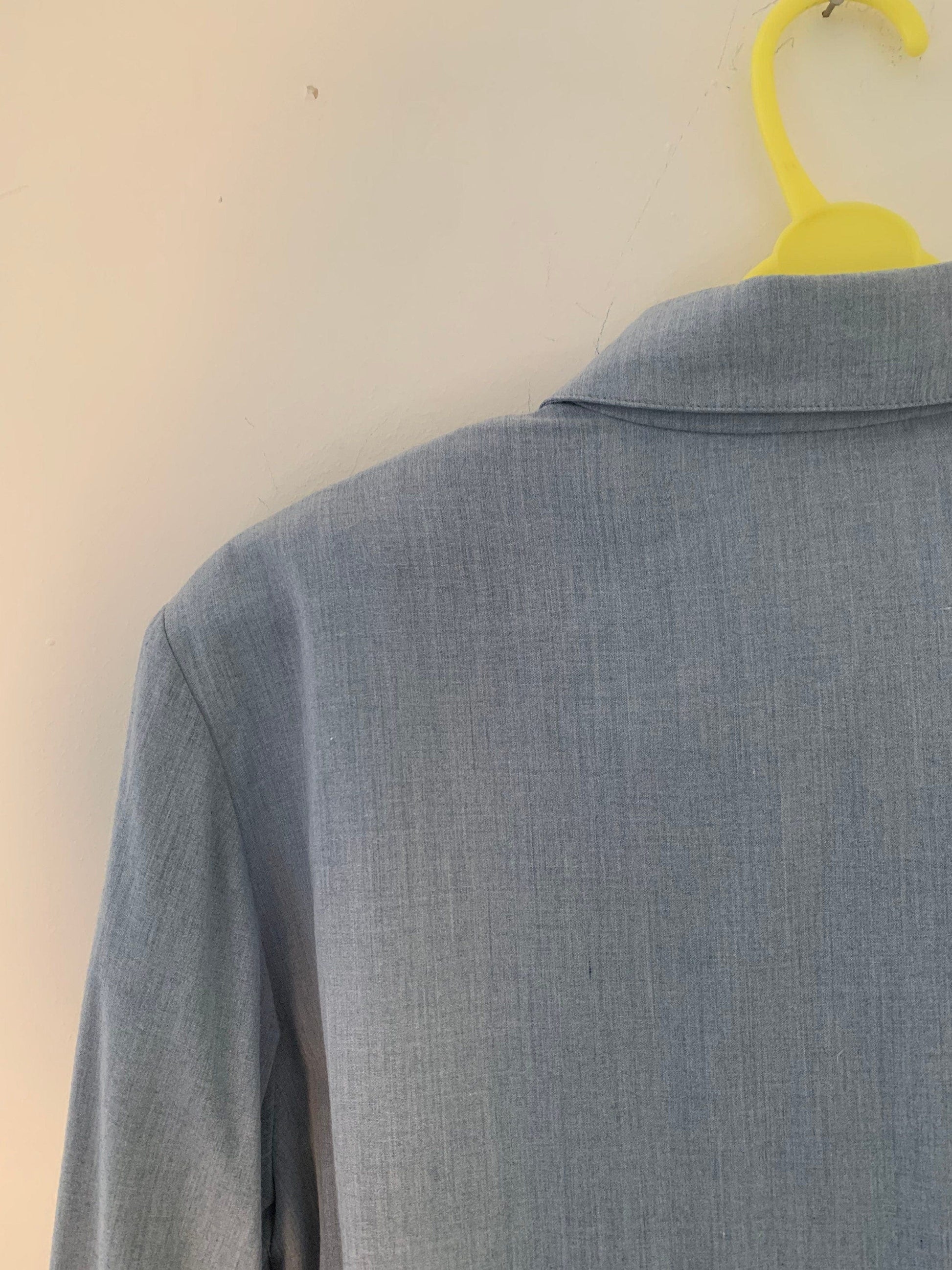 Blue Vintage Frilly Blouse Button Through Boxy long Sleeves - Size 14 - Double Cuff