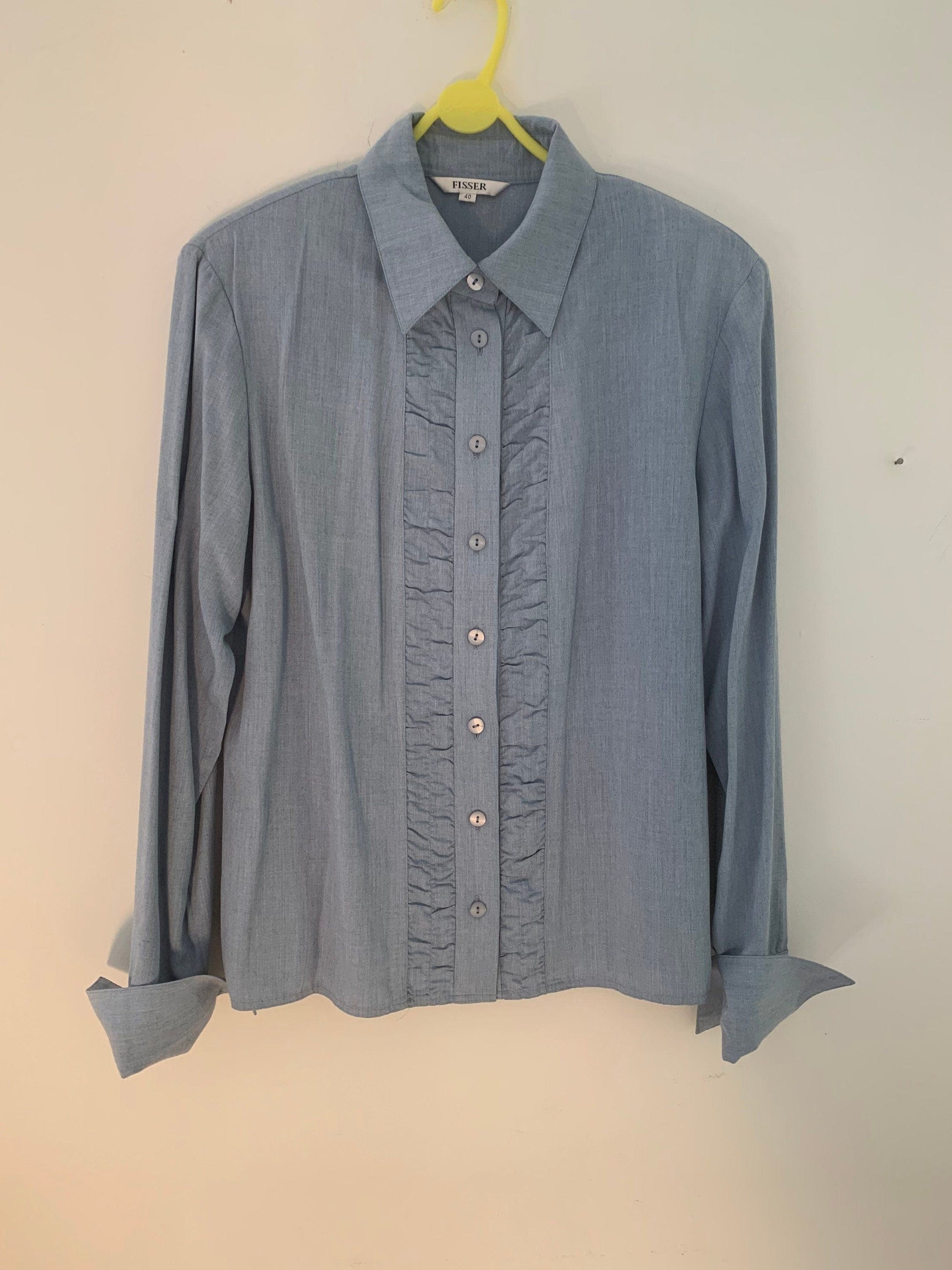 Blue Vintage Frilly Blouse Button Through Boxy long Sleeves - Size 14 - Double Cuff