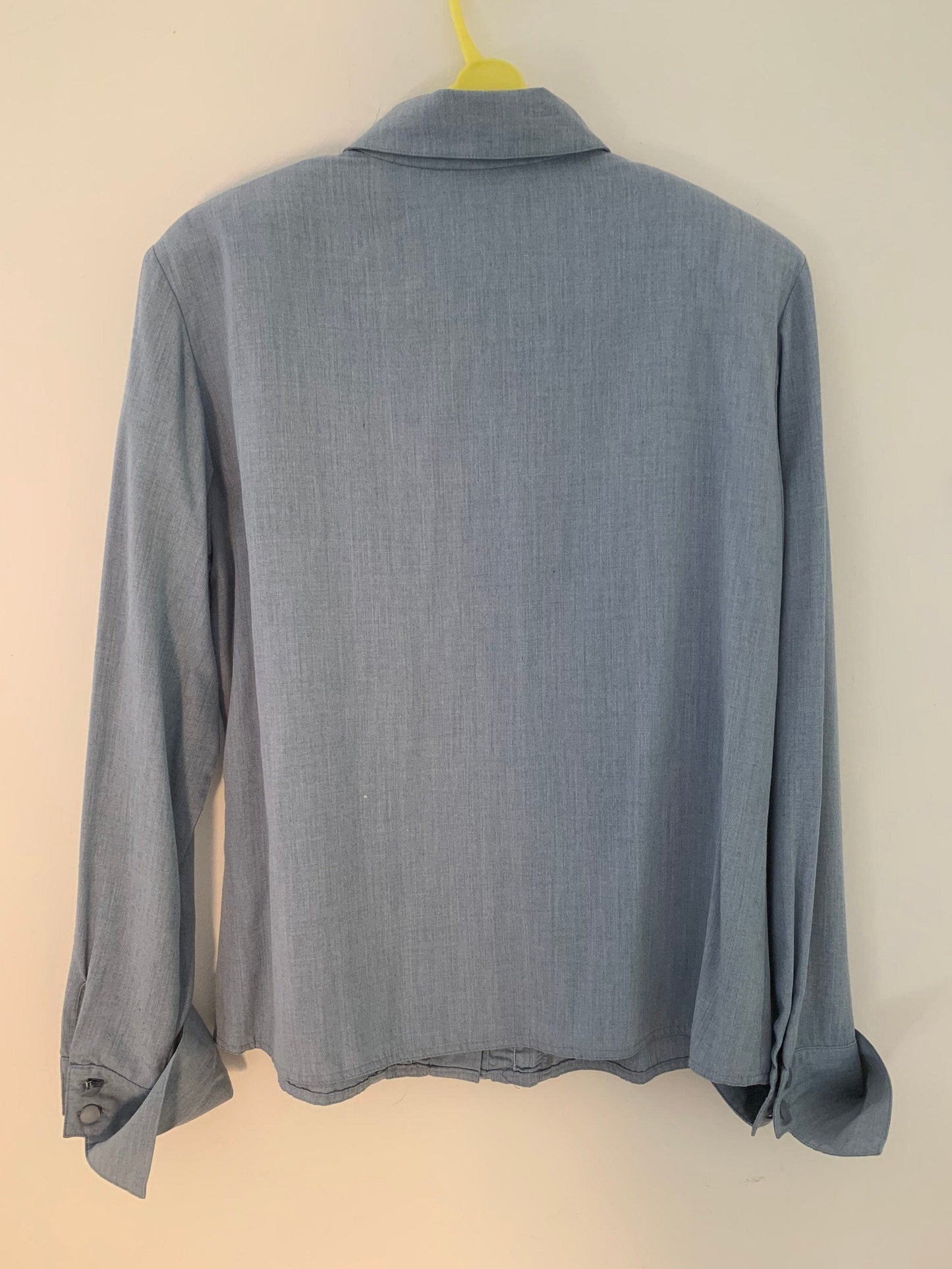 Blue Vintage Frilly Blouse Button Through Boxy long Sleeves - Size 14 - Double Cuff