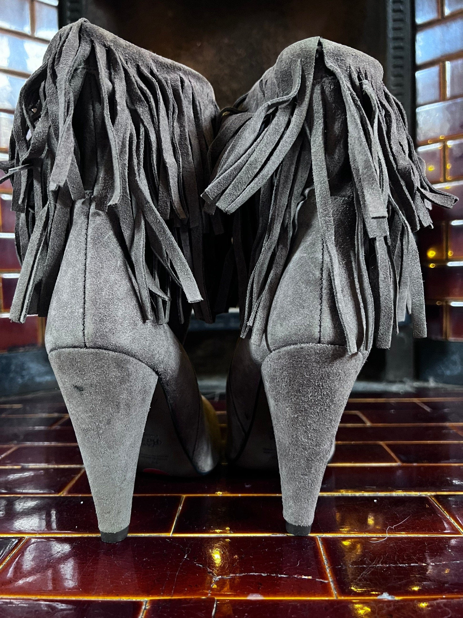 Vintage Fringed Ankle Boots Stilettos Heel Taupe Fringed Boho Boots unworn small mark to back of heel EU39 UK6