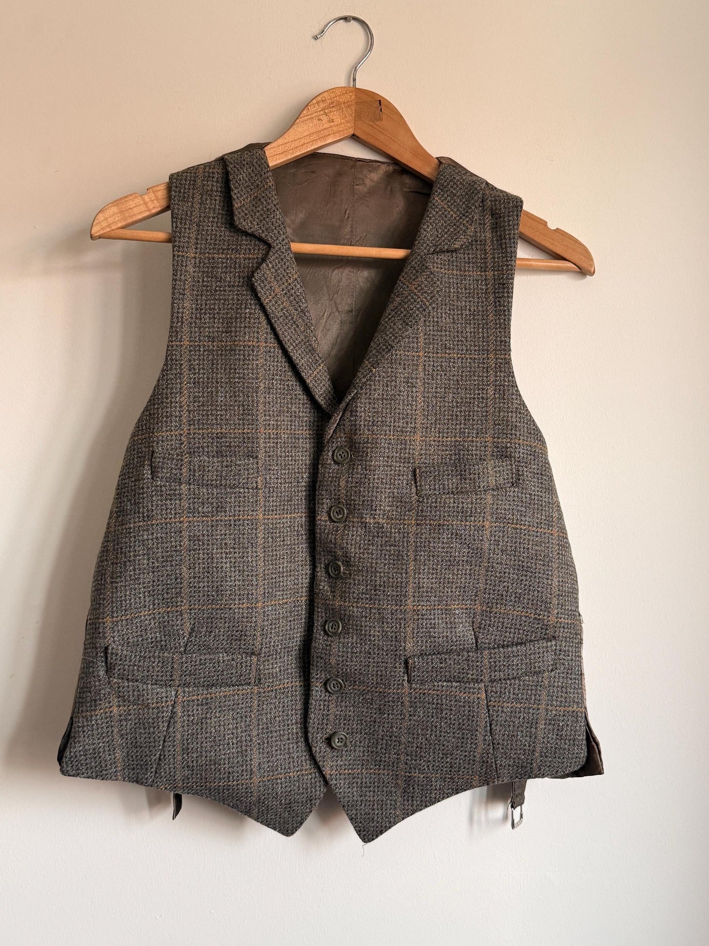 Vintage Brown Grey Check Tweed Vest | Wool Blend Country Gentleman Waistcoat (Size M)