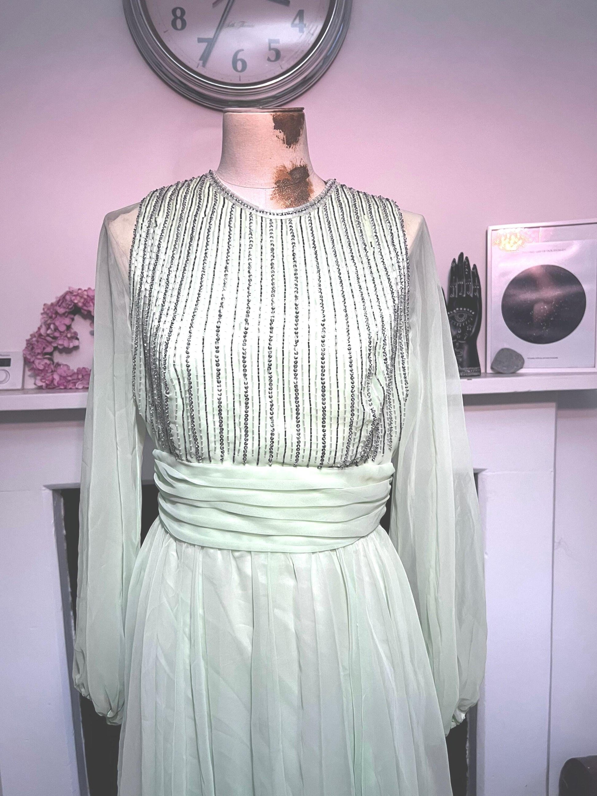 Vintage Chiffon Maxi Lime Green - Beaded Chiffon Dress - Deadstock 1970s Jack Bryan