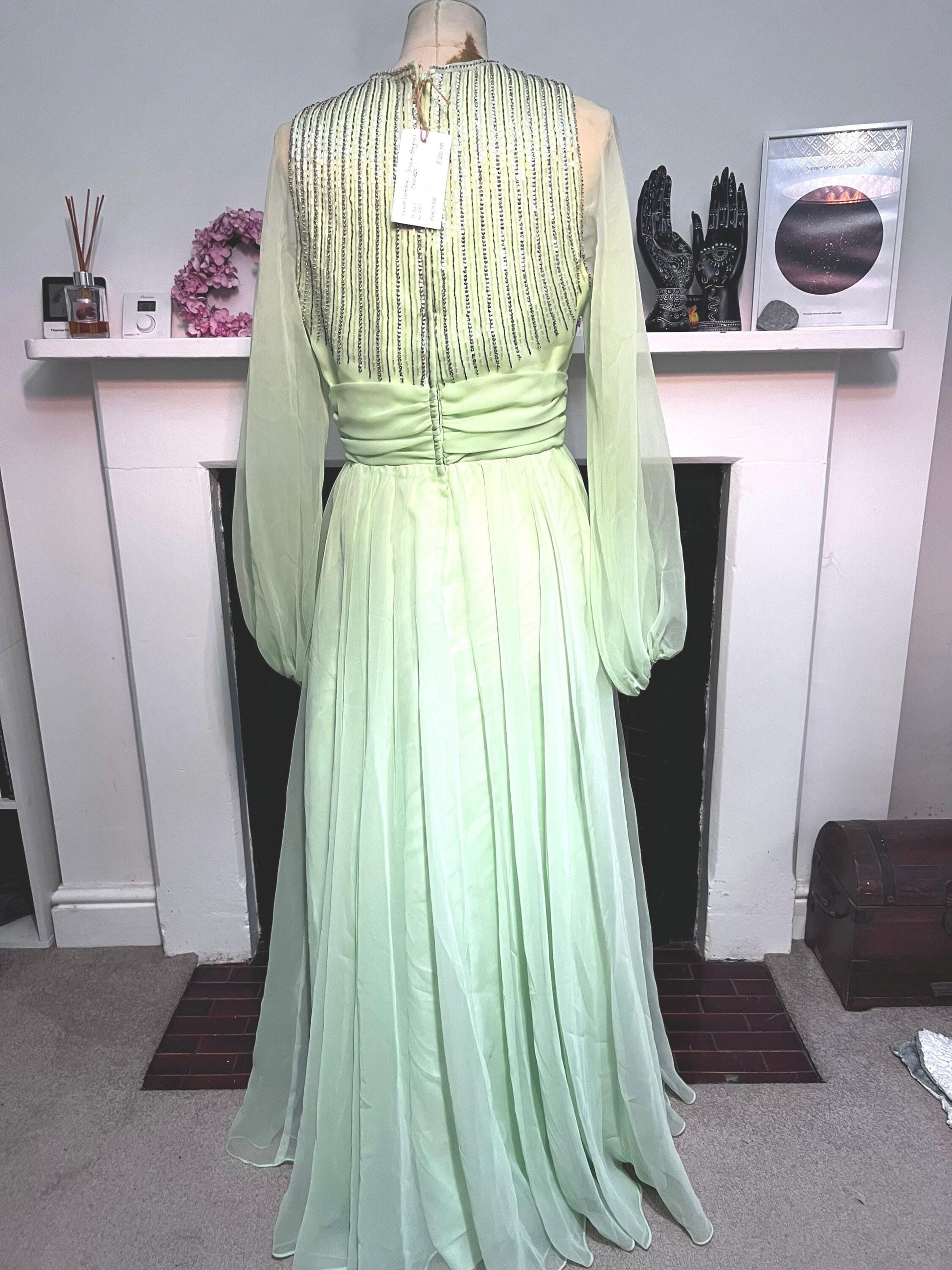 Vintage Chiffon Maxi Lime Green - Beaded Chiffon Dress - Deadstock 1970s Jack Bryan