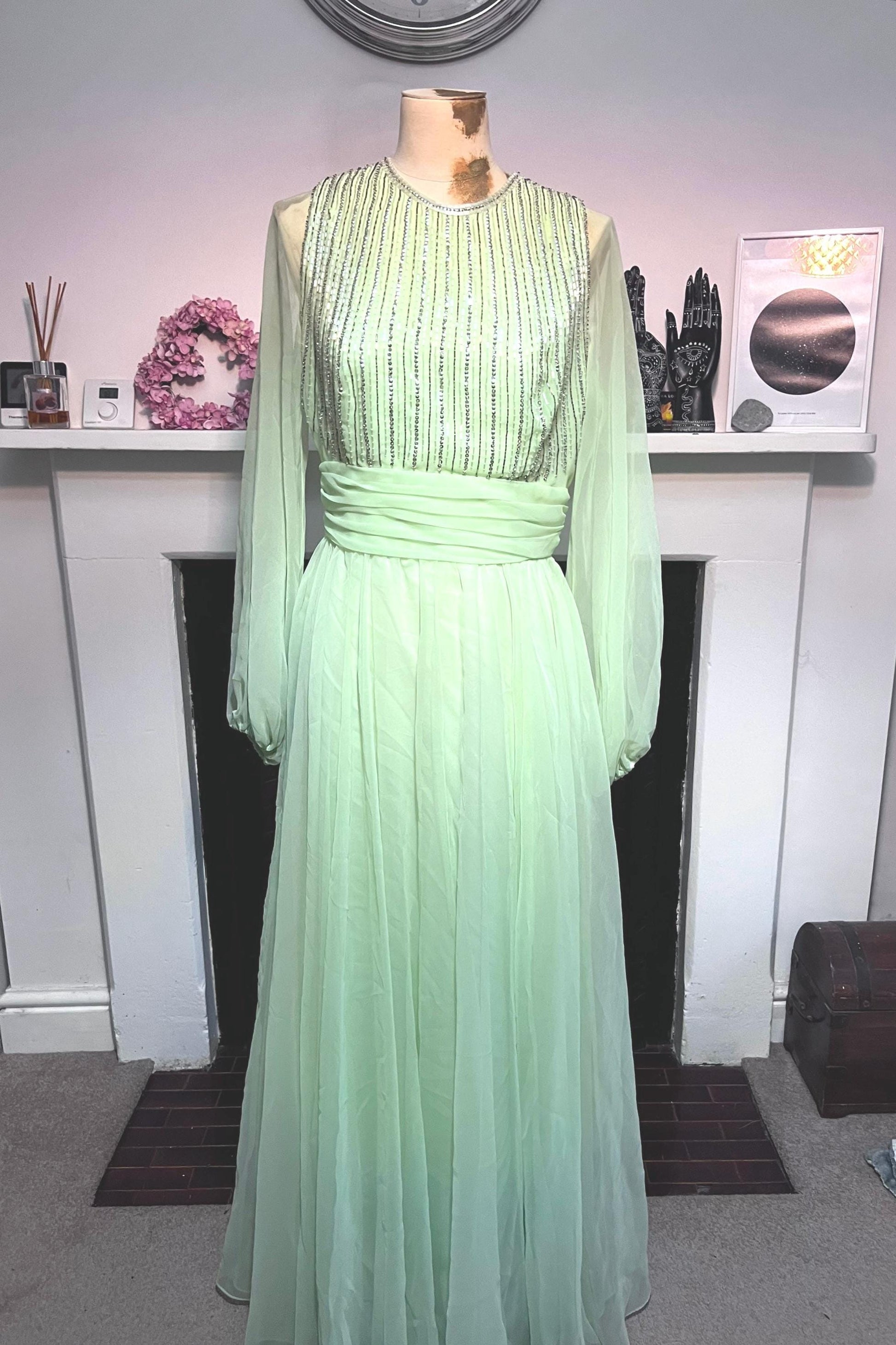Vintage Chiffon Maxi Lime Green - Beaded Chiffon Dress - Deadstock 1970s Jack Bryan