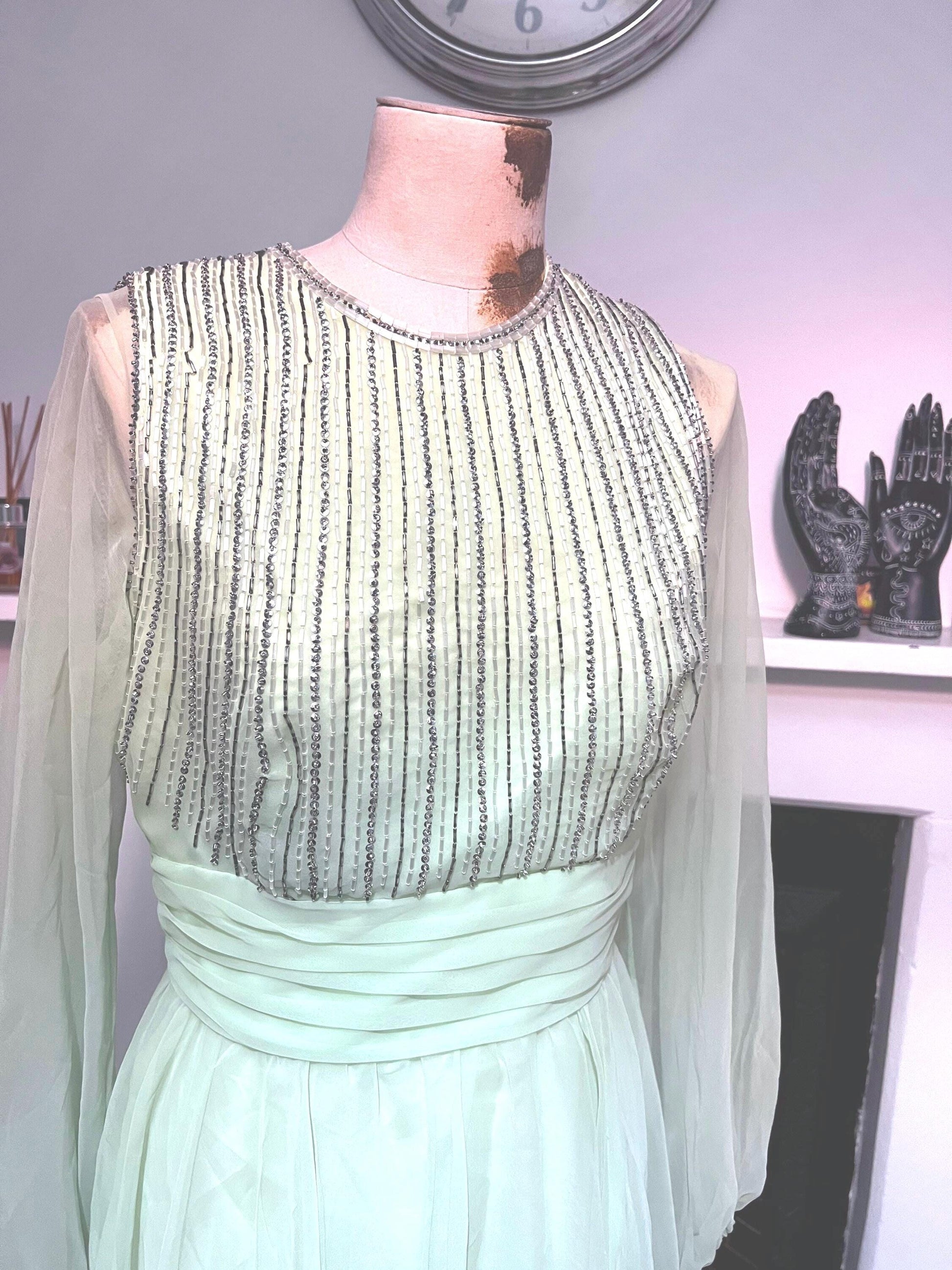 Vintage Chiffon Maxi Lime Green - Beaded Chiffon Dress - Deadstock 1970s Jack Bryan