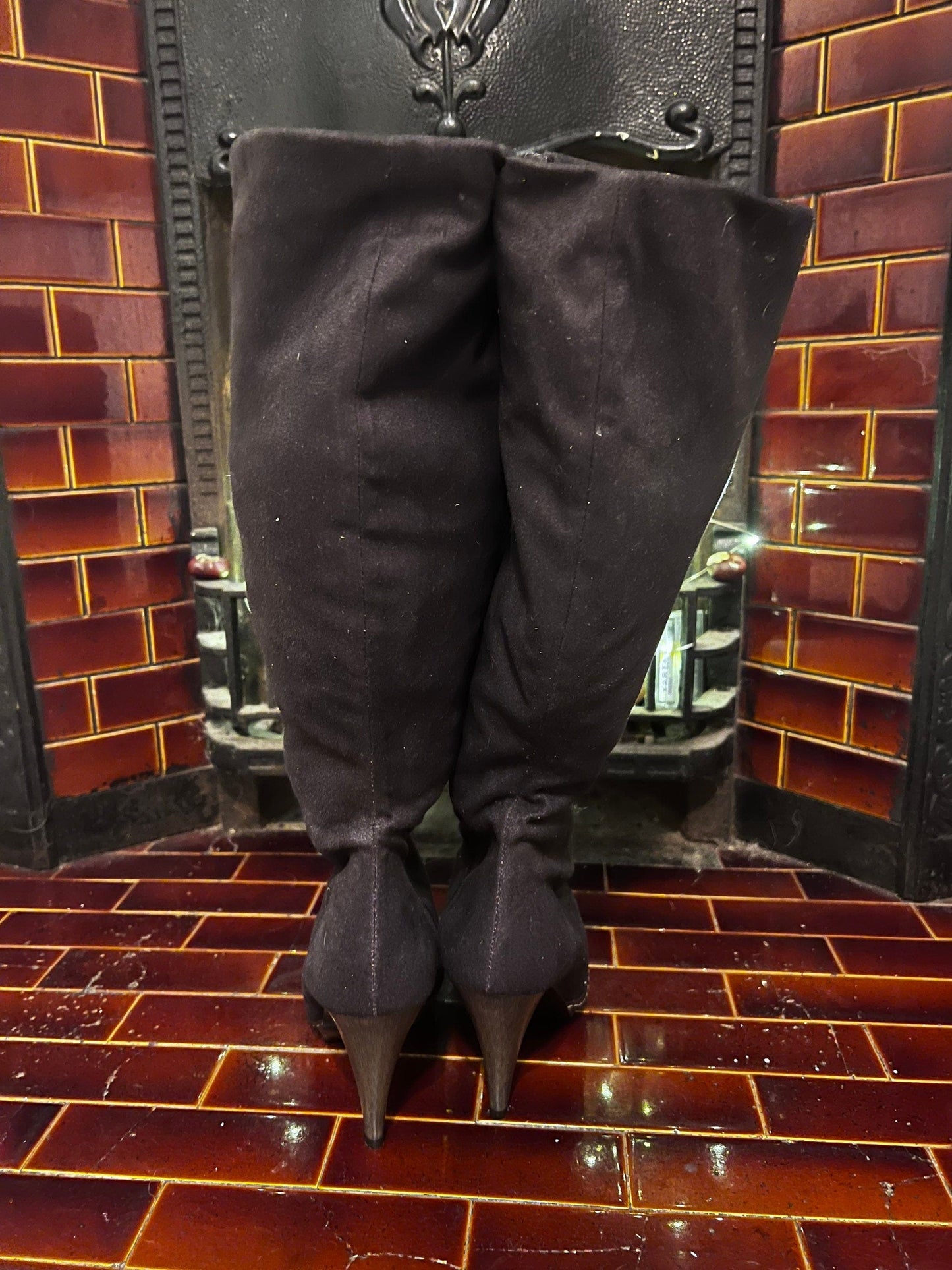 Vintage Black Knee High clog Boots UK6 EU39 Stiletto Heel Fabric Knee High Boots Black