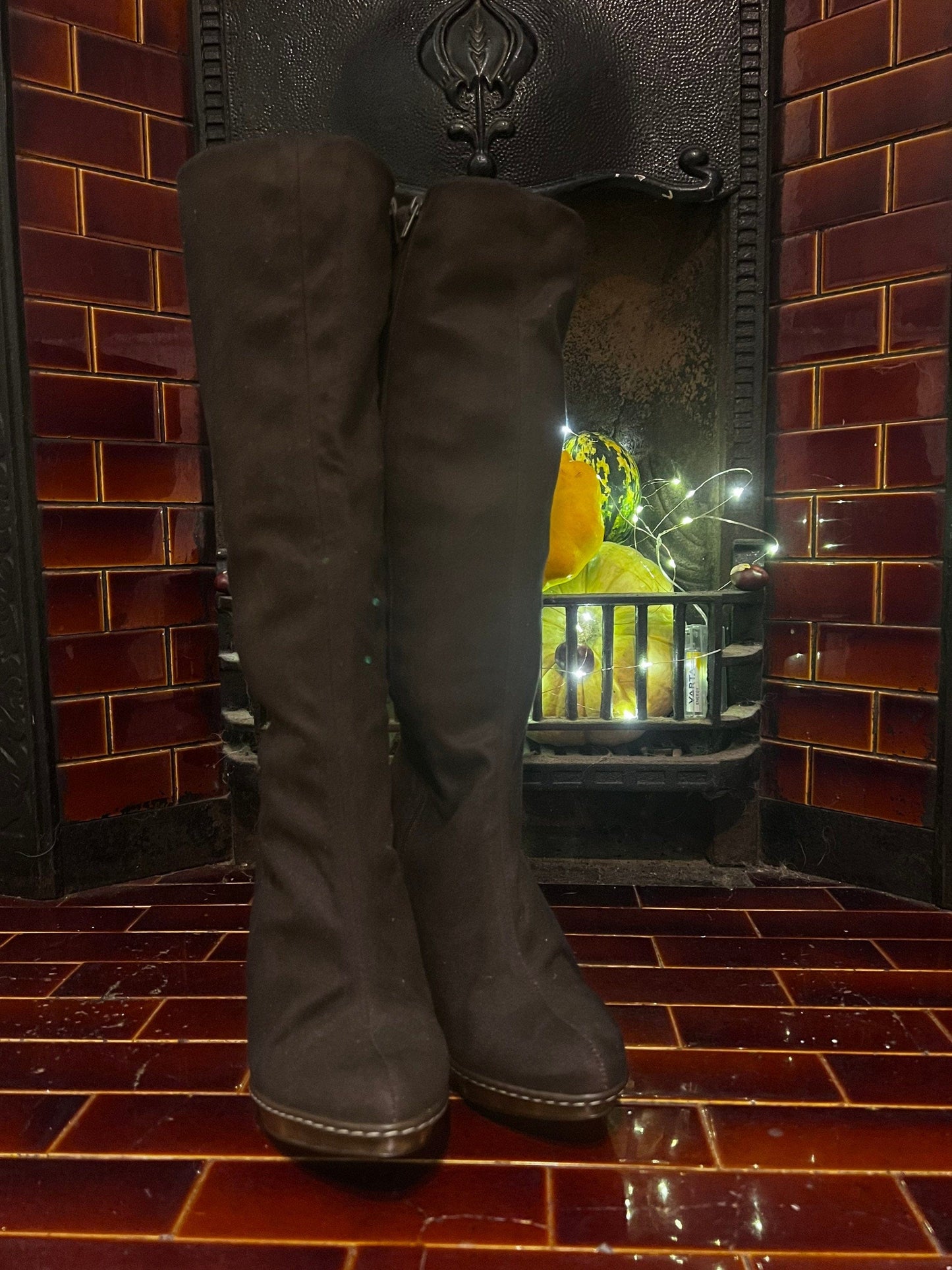 Vintage Black Knee High clog Boots UK6 EU39 Stiletto Heel Fabric Knee High Boots Black