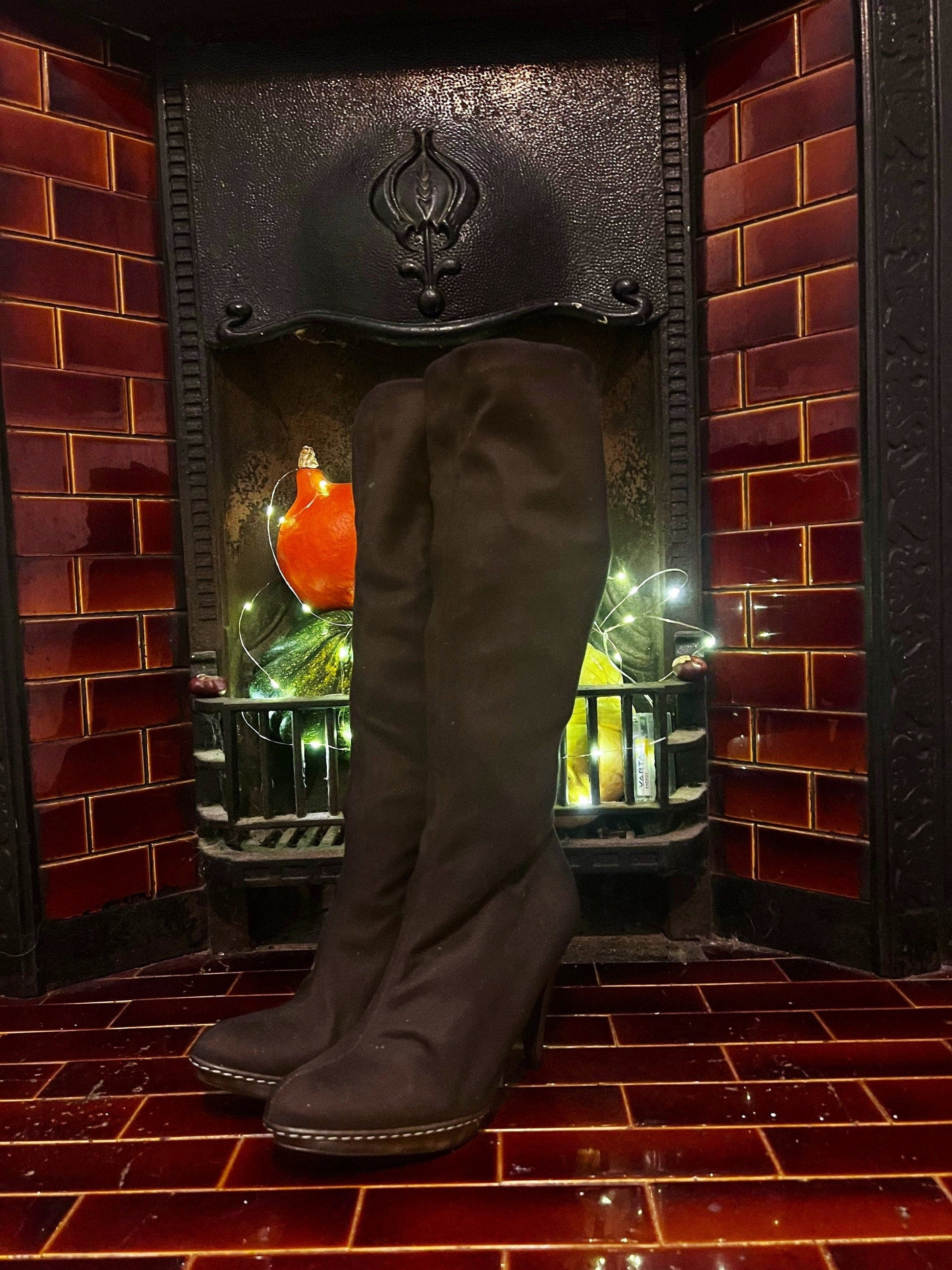 Vintage Black Knee High clog Boots UK6 EU39 Stiletto Heel Fabric Knee High Boots Black