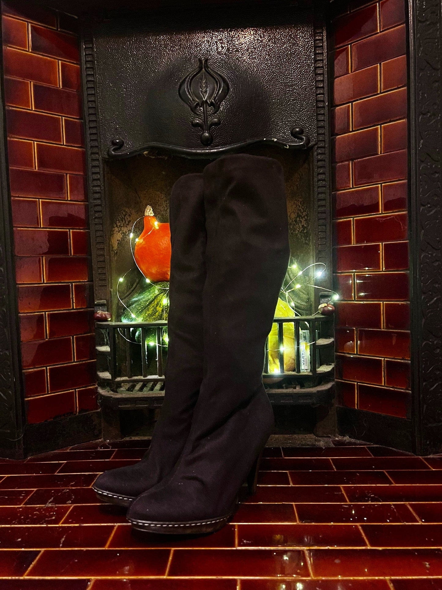 Vintage Black Knee High clog Boots UK6 EU39 Stiletto Heel Fabric Knee High Boots Black