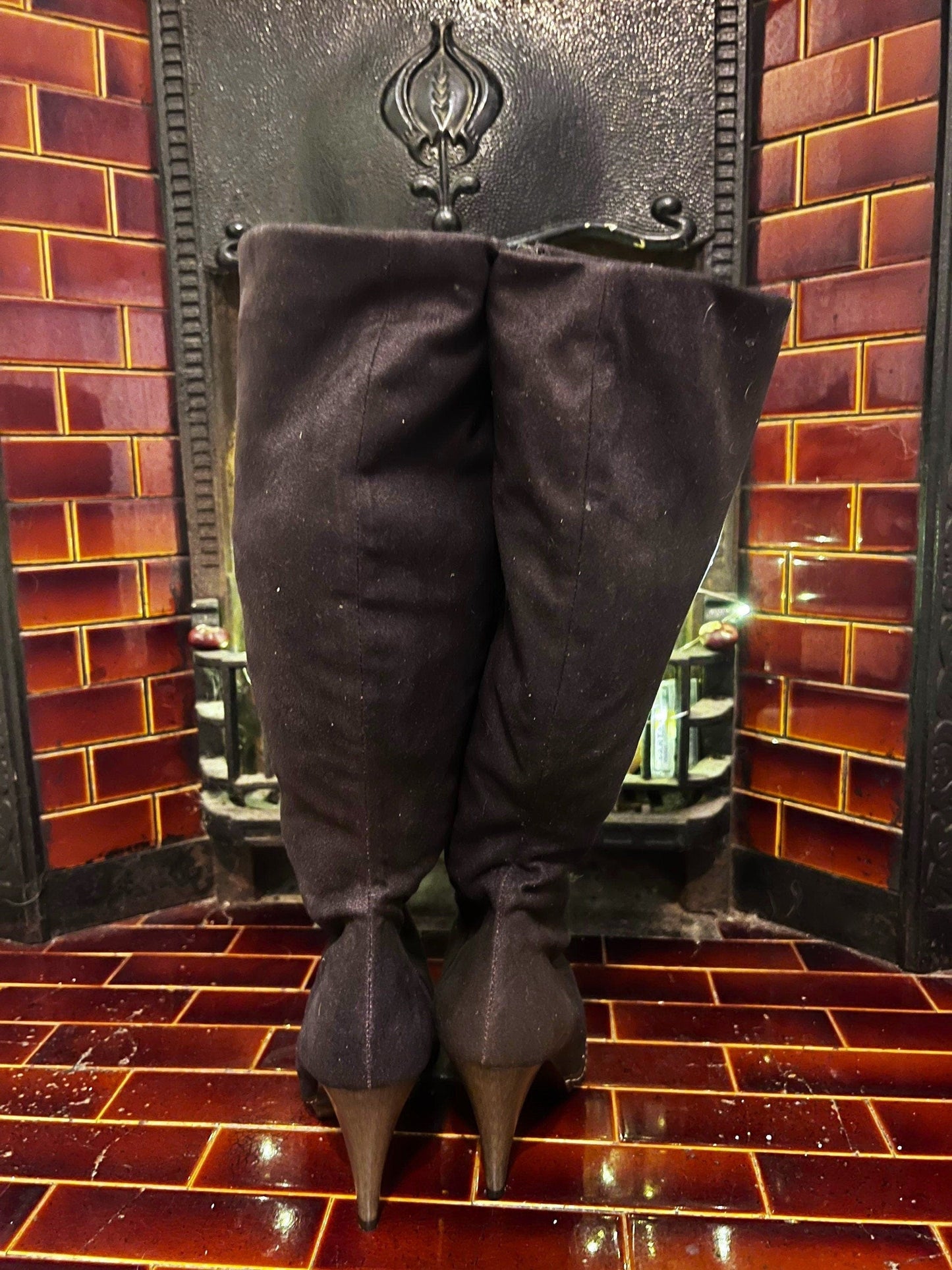 Vintage Black Knee High clog Boots UK6 EU39 Stiletto Heel Fabric Knee High Boots Black