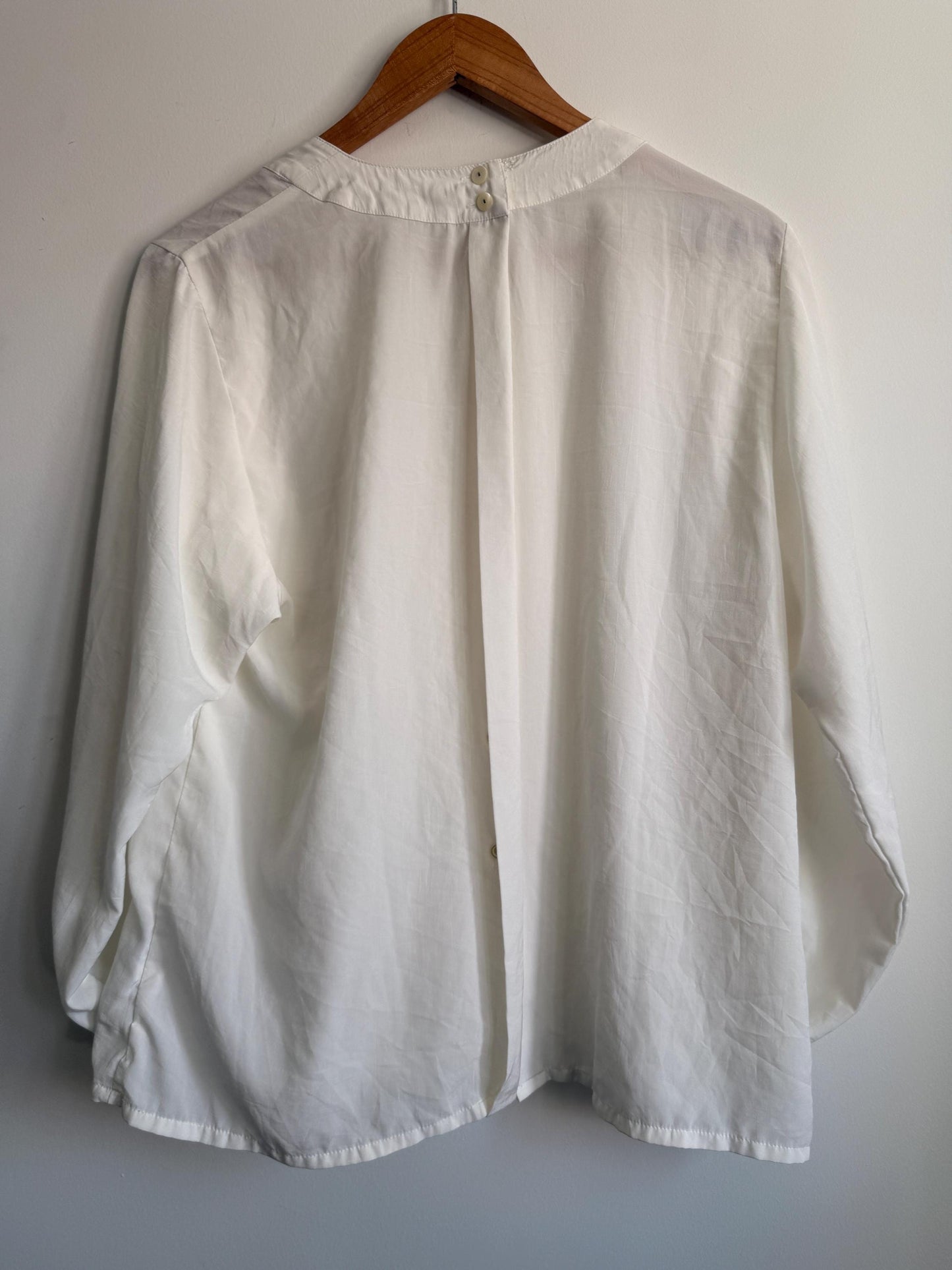 Vintage Cream Pleated Blouse | Minimalist Long Sleeve Ivory Top | Back Button Fastening