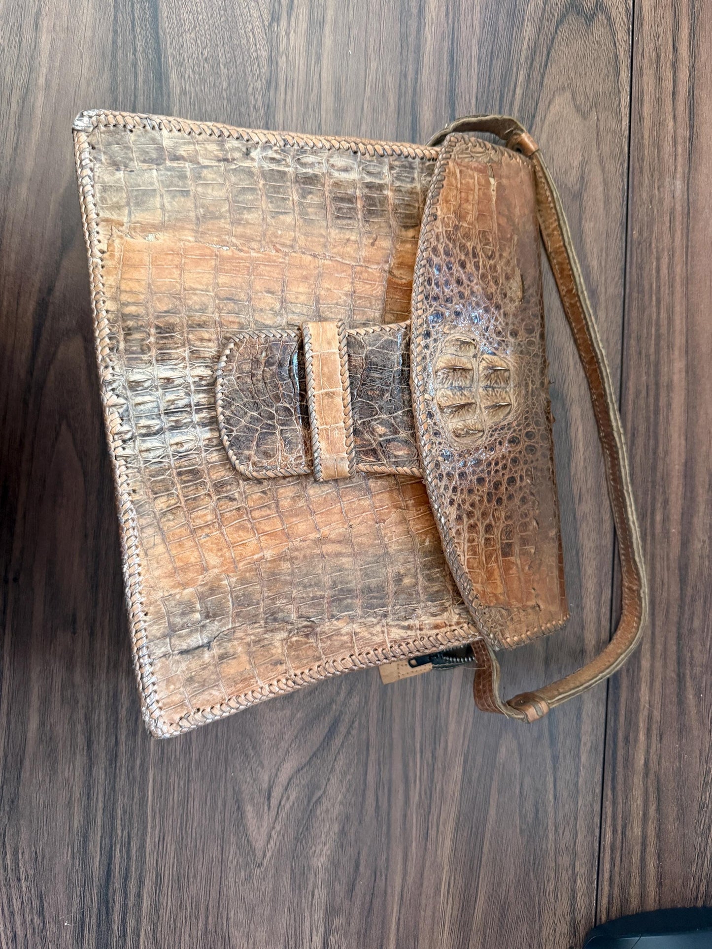 Vintage Crocodile Leather Handbag & Matching Wallet | Hand-Laced Brown Exotic Leather Shoulder Bag | 1950s 1960s