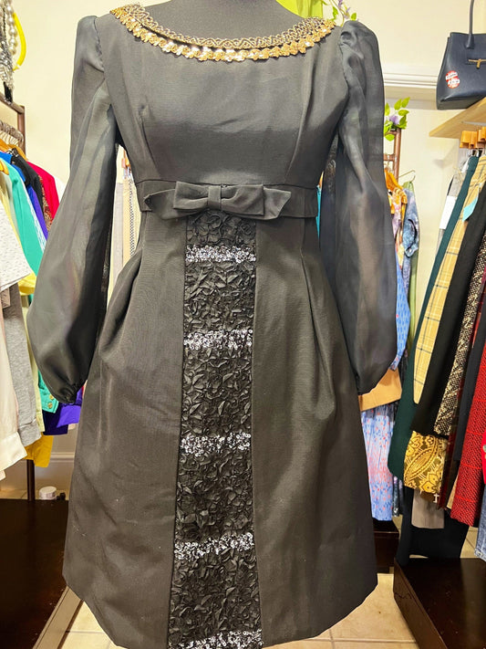 Vintage 50s Black Dress Carnegie Model - it’s a symphony Black and Gold Little Black Dress