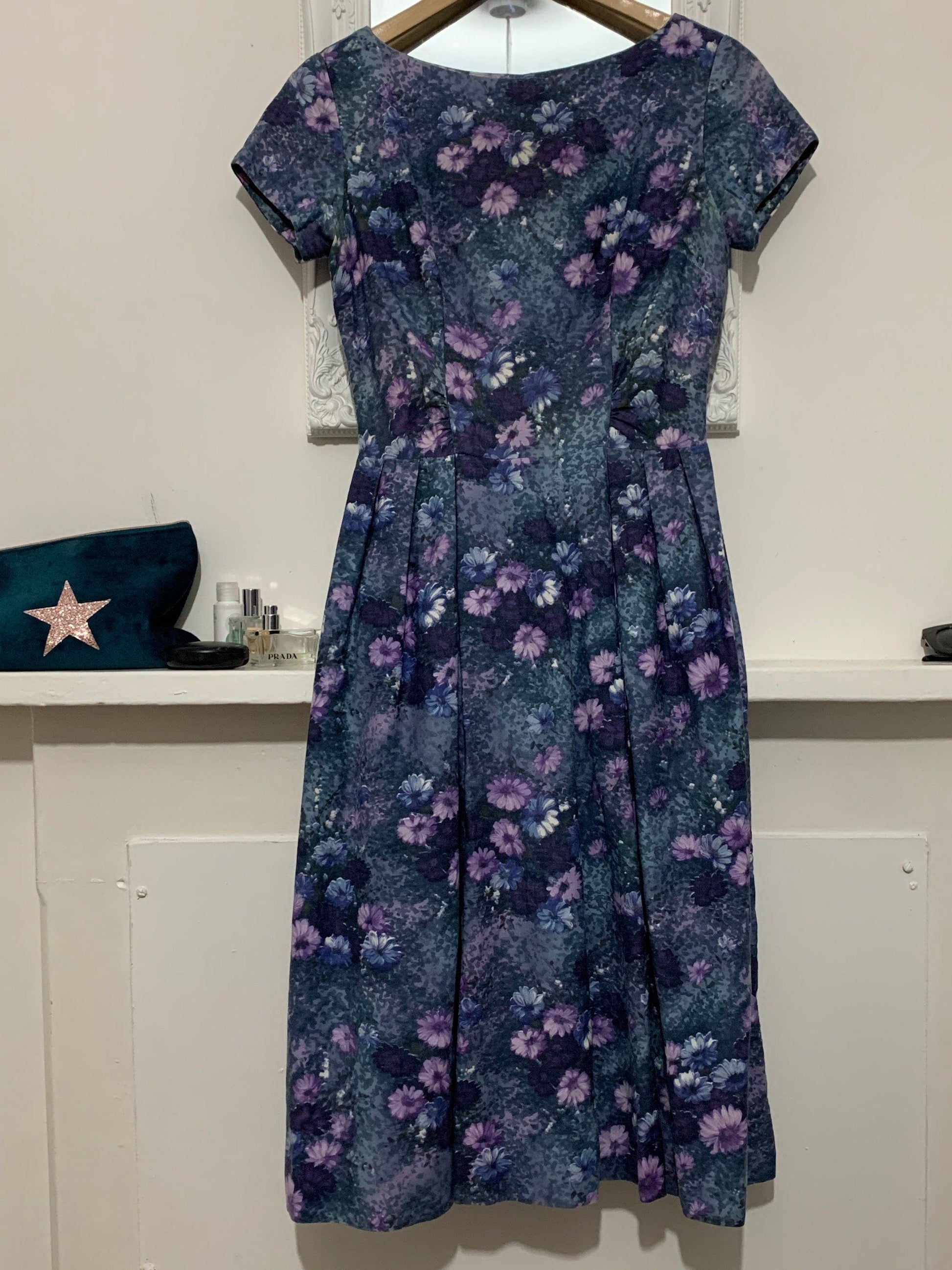 Vintage Handmade Swing Dress abstract Purple Pink Flowers Size 10