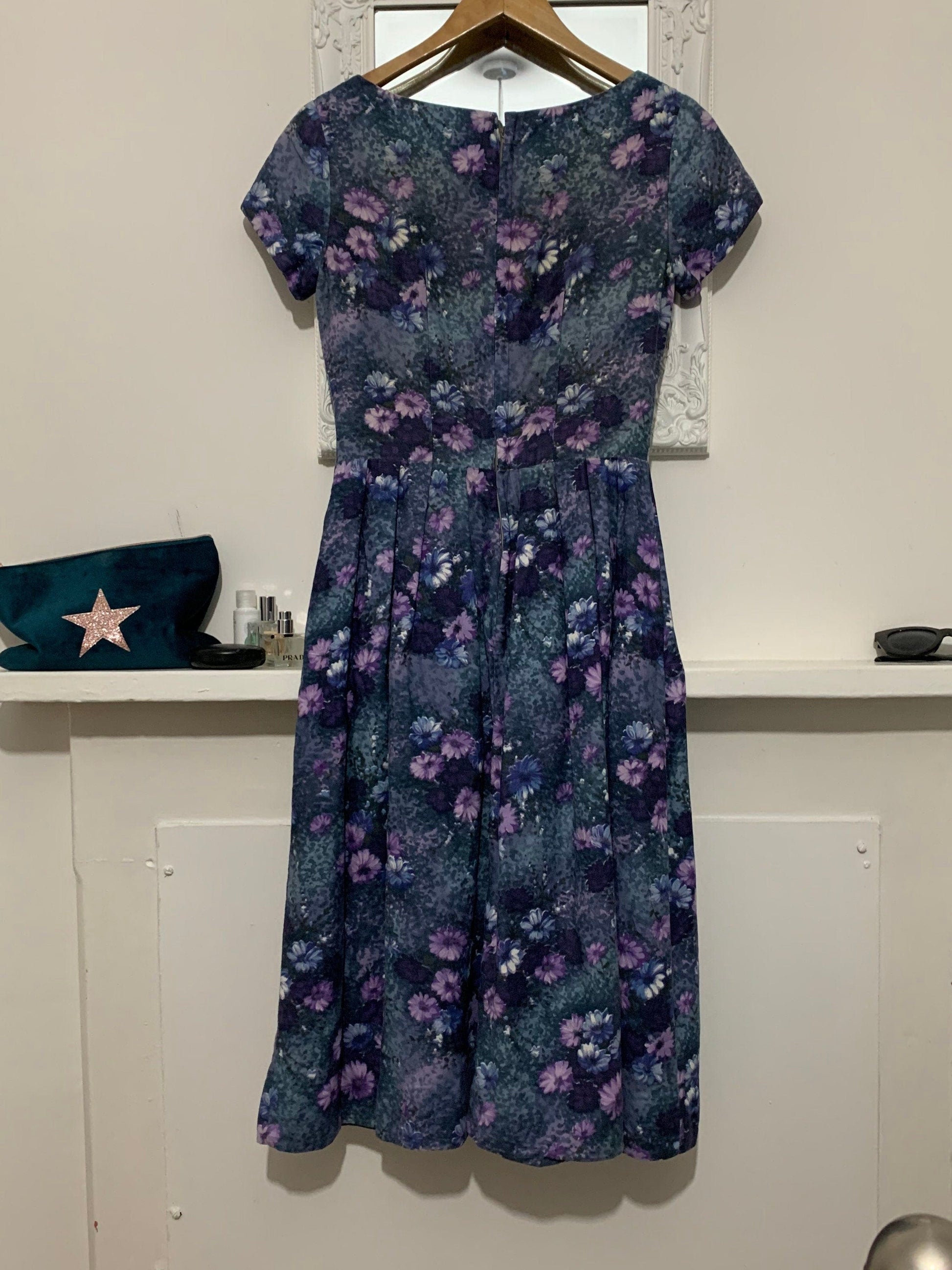 Vintage Handmade Swing Dress abstract Purple Pink Flowers Size 10