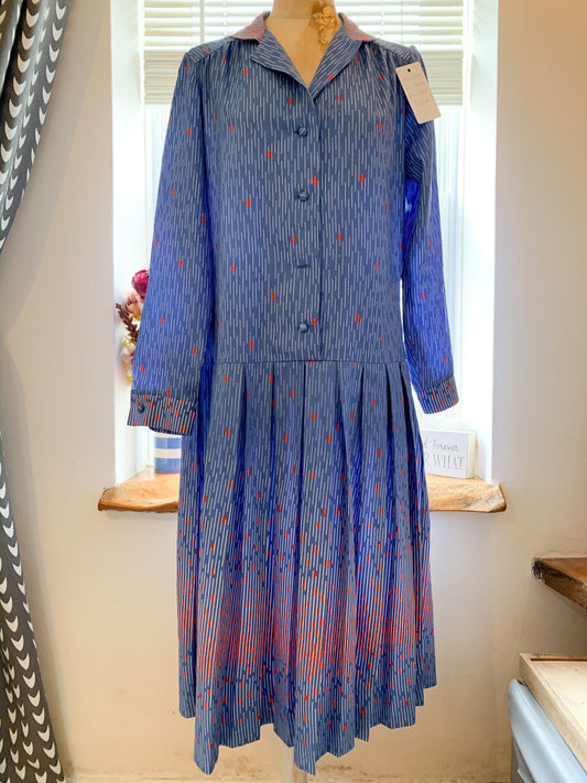 80s dress blue Vintage - Day Dress blue spot pattern pleated dress Rare Plus Size eu 42 size 16 blue and red voluptuous vintage