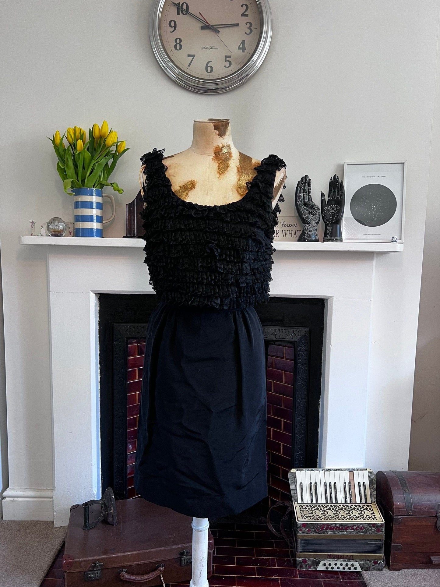 Vintage Dress Black Dress 1960s Mini - Dress Ruffled Over-layer Black Shift Dress - California 60s mini dress