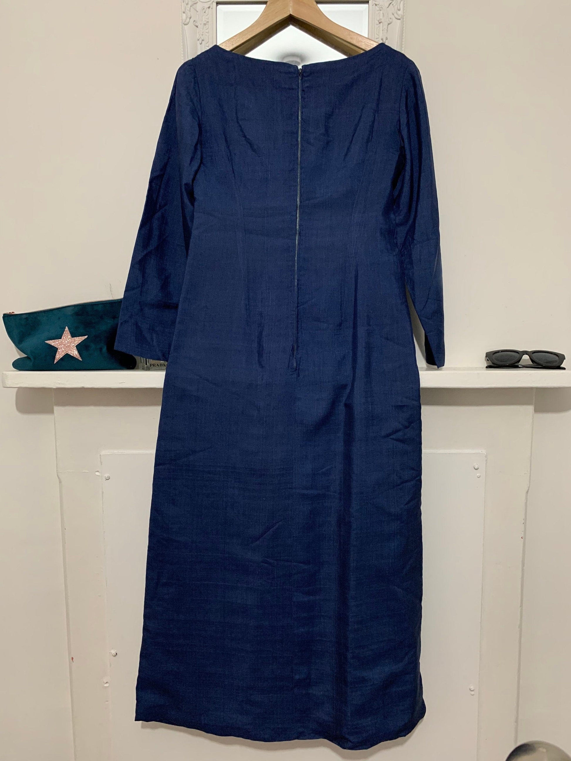 1960s Column Dress Blue Silk - Mary Fair of Baker Street, London