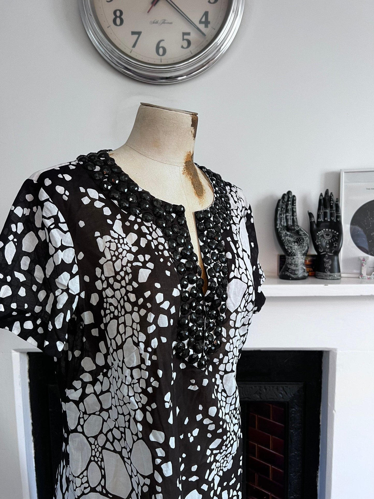 Vintage Jaeger Black White Beaded Tunic Dress With Pockets- Unworn Dead-stock Vintage Tunic Dress UK12