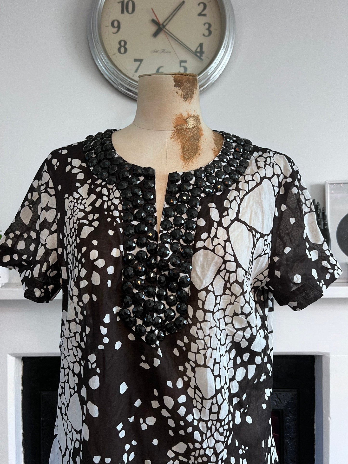 Vintage Jaeger Black White Beaded Tunic Dress With Pockets- Unworn Dead-stock Vintage Tunic Dress UK12