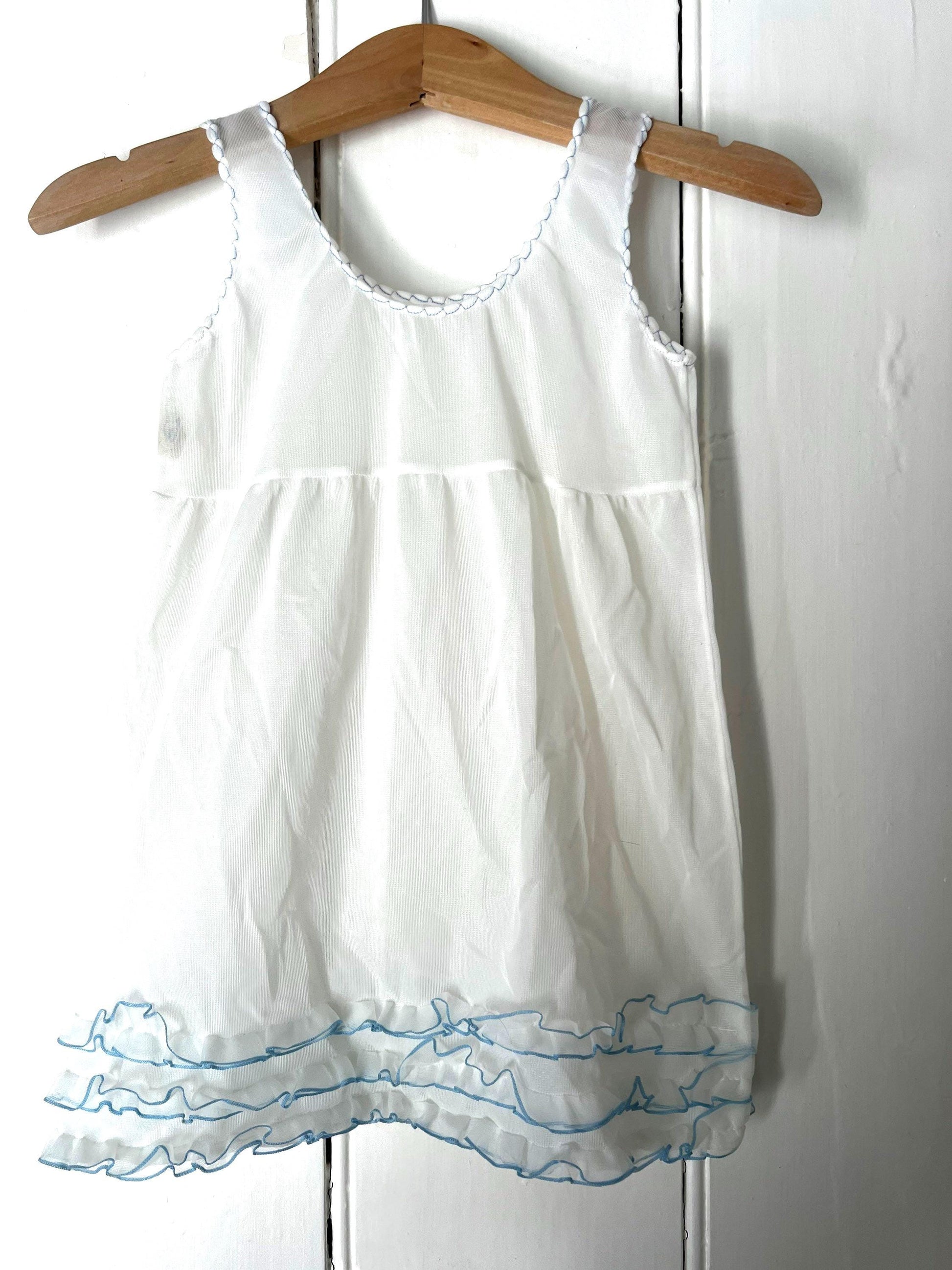 Vintage Girls Dress - white and blue nylon Dress Baby Dress age 2-3 years