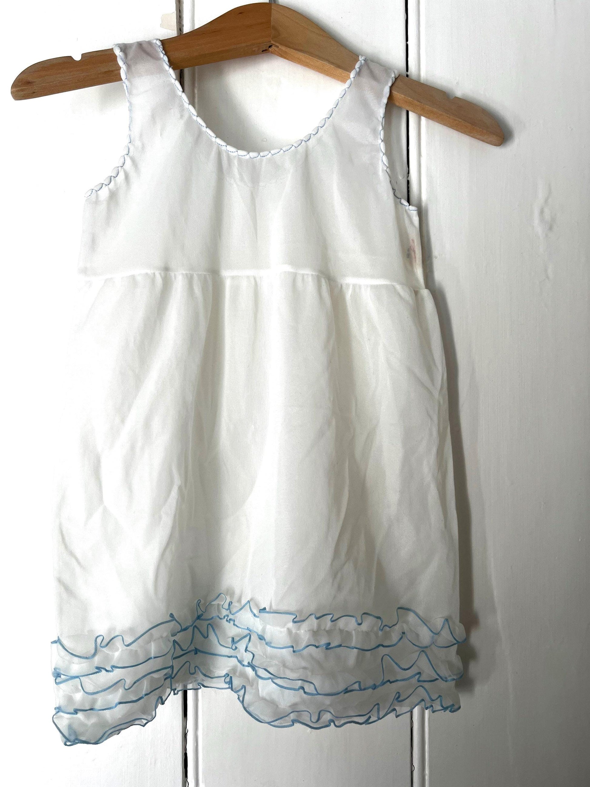 Vintage Girls Dress - white and blue nylon Dress Baby Dress age 2-3 years