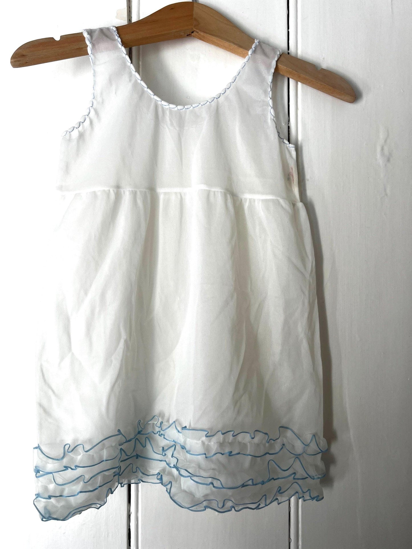 Vintage Girls Dress - white and blue nylon Dress Baby Dress age 2-3 years