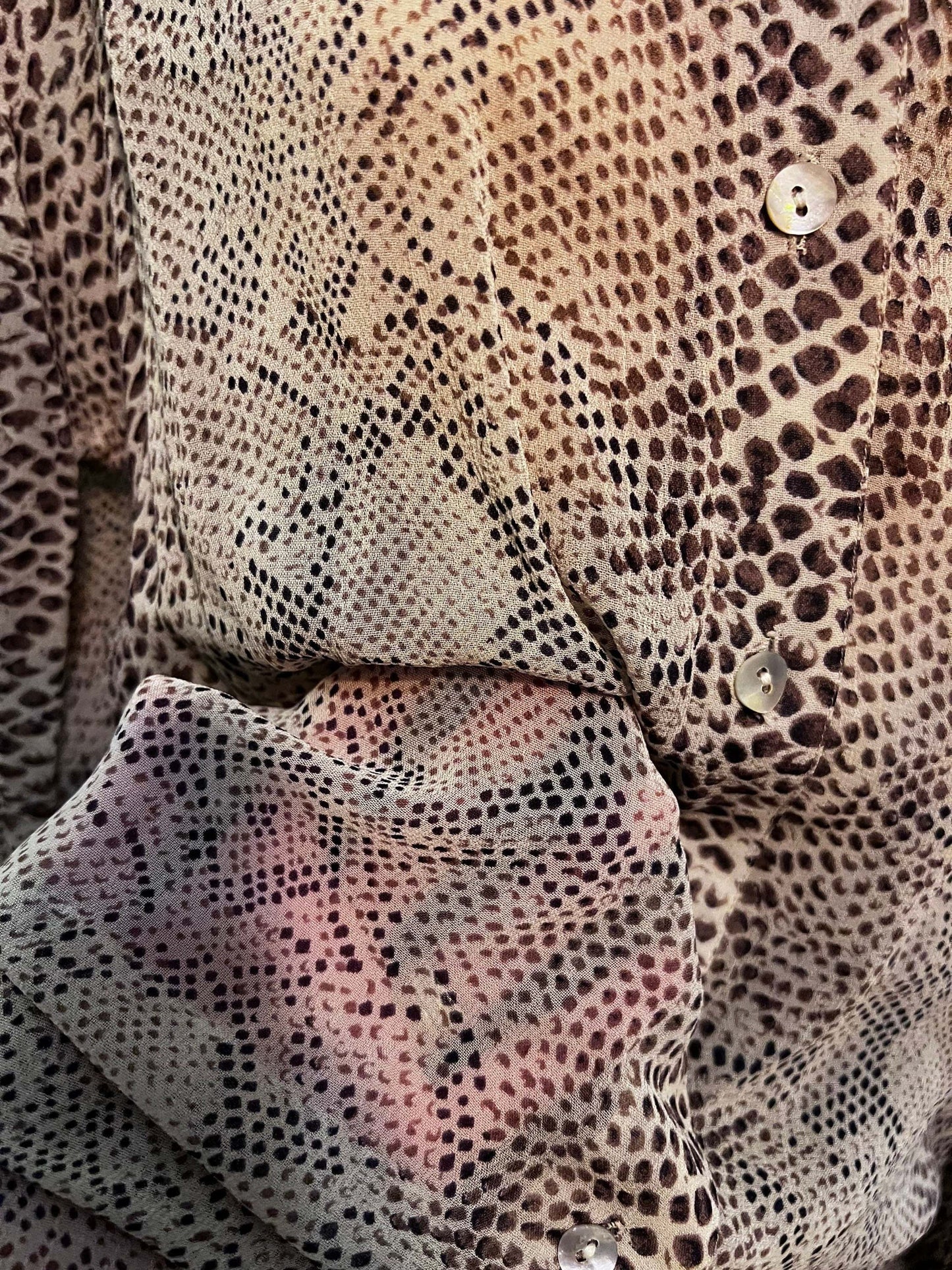 Vintage Grey Viscose Animal Print longline Blouse Top - Grey Brown Snakeskin Shirt Blouse UK12