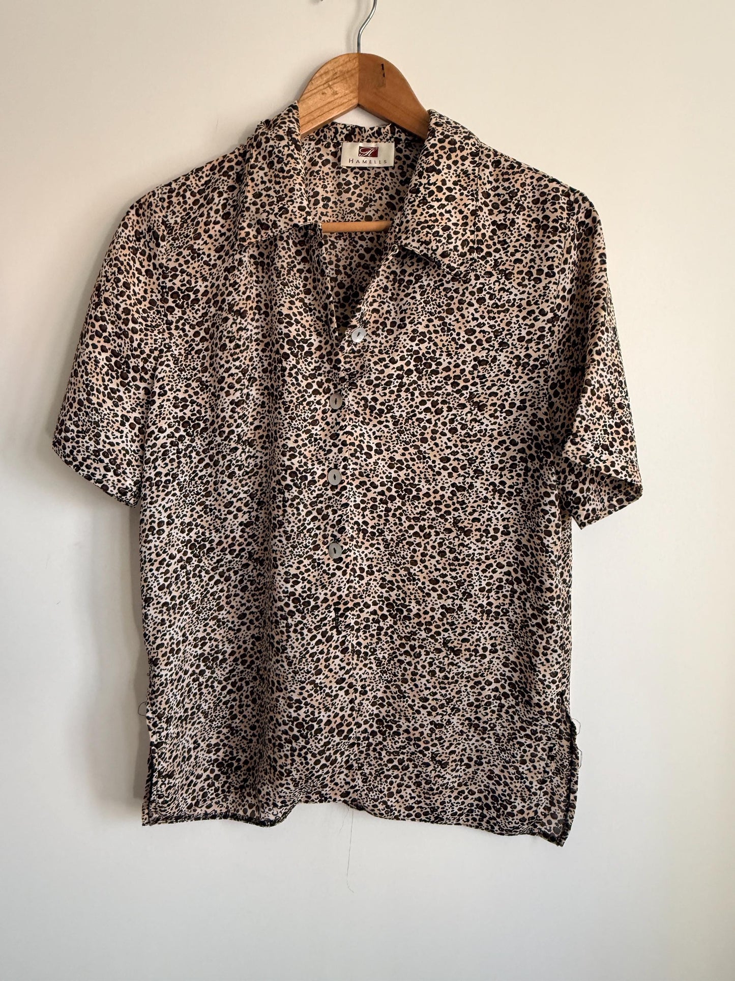 Vintage Hamells Leopard Print Blouse | 90s Animal Print Shirt | Beige & Brown Button-Up Top | Short Sleeve Vintage Blouse | UK 12-14