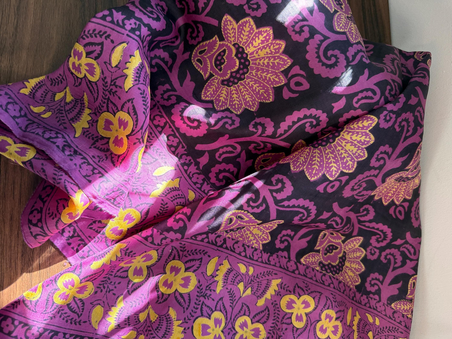 Vintage Hand-Painted Silk Scarf – Purple & Gold Floral Square Scarf – Art Deco Inspired Botanical Design – 1950s