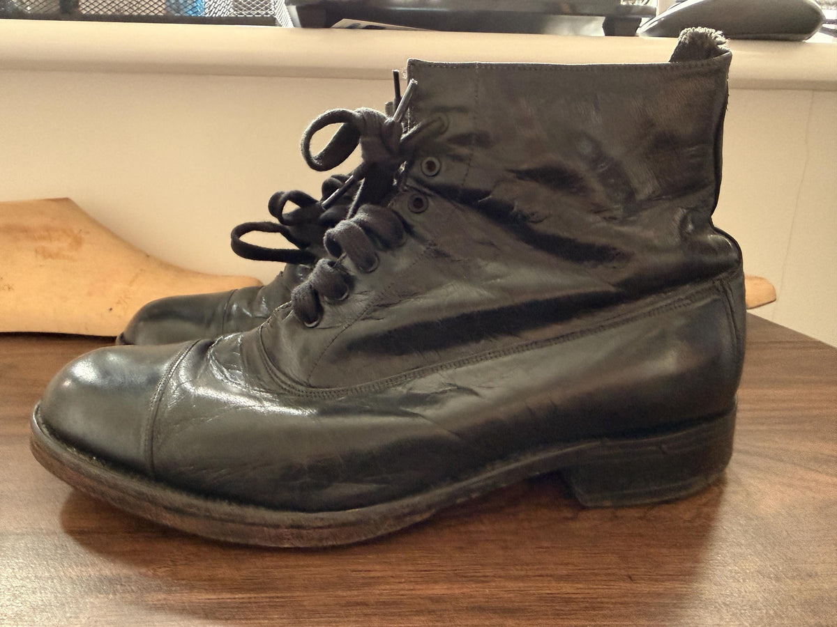 Vintage Hughson Black Leather Cap Toe Ankle Boots UK 8 | Handmade English Leather Lace Up Boots | Heritage Mens Footwear