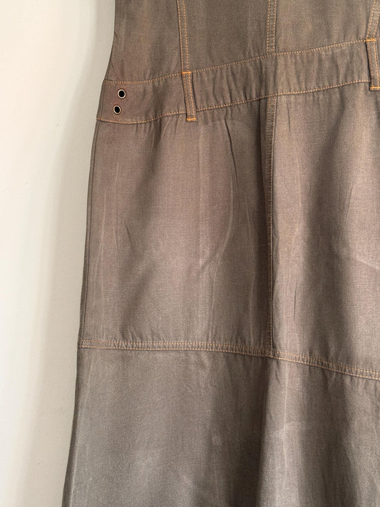 Vintage Khaki Utility Midi Dress UK 14 | Y2K Linen Blend Dress | Safari Dress | Minimalist Summer Dress | Pocket Dress | Asymmetric Dress