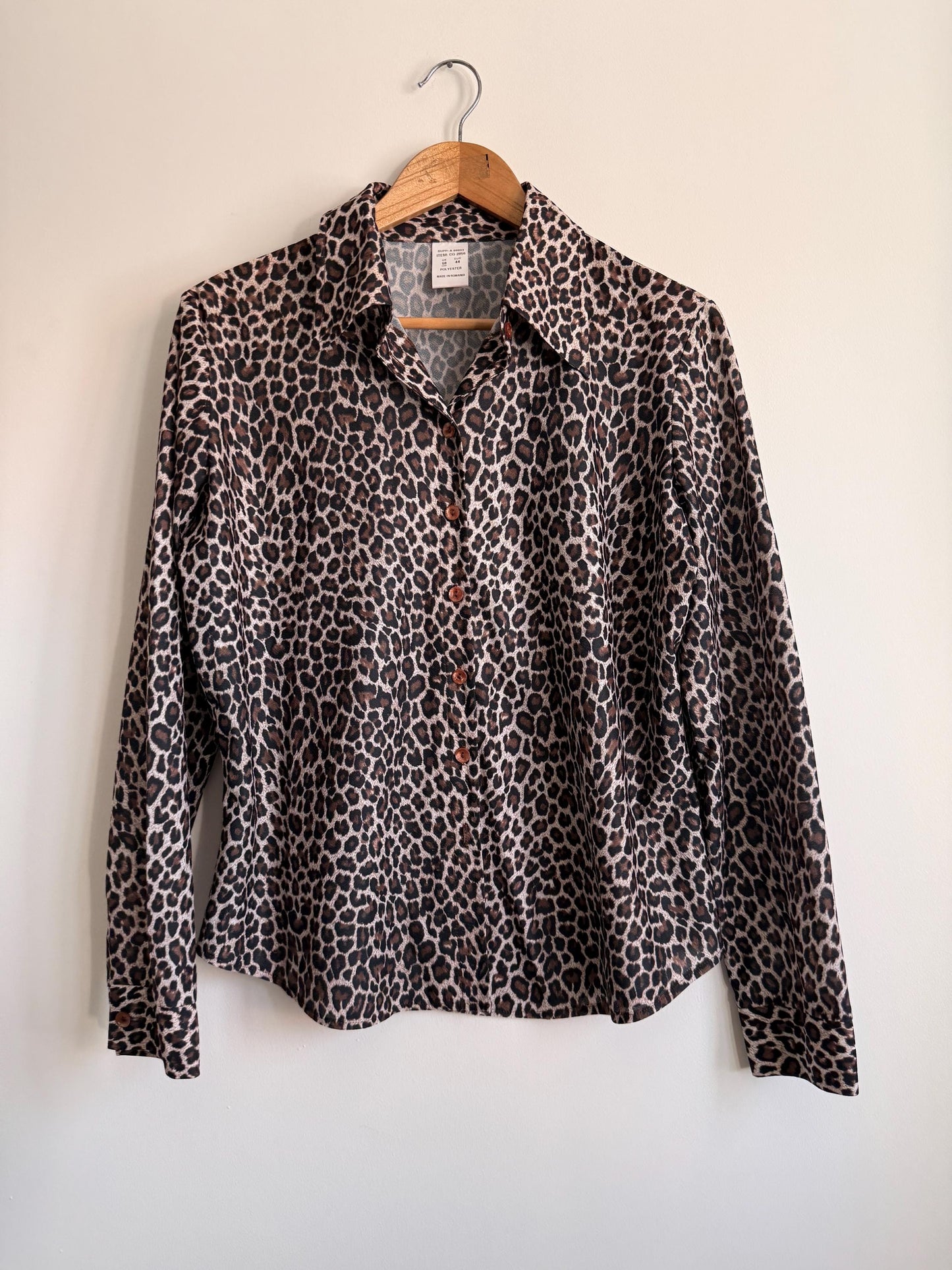Vintage Leopard Print Shirt | Animal Print Blouse | 90s Button Up Top | Safari Chic Blouse | Brown Leopard Shirt | UK 12