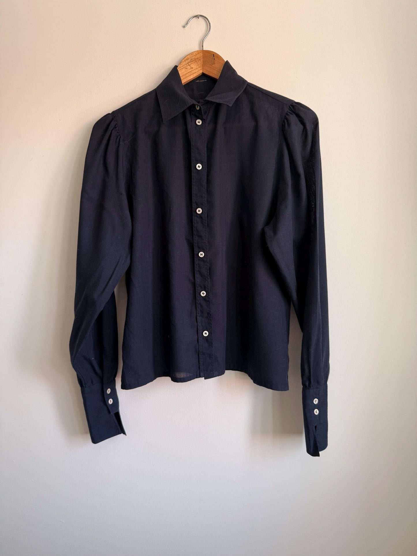 Vintage Navy Cotton Blouse | Puff Sleeve Shirt | 1980s Button Up Blouse | Peter Pan Style Collar | Smart Vintage Shirt