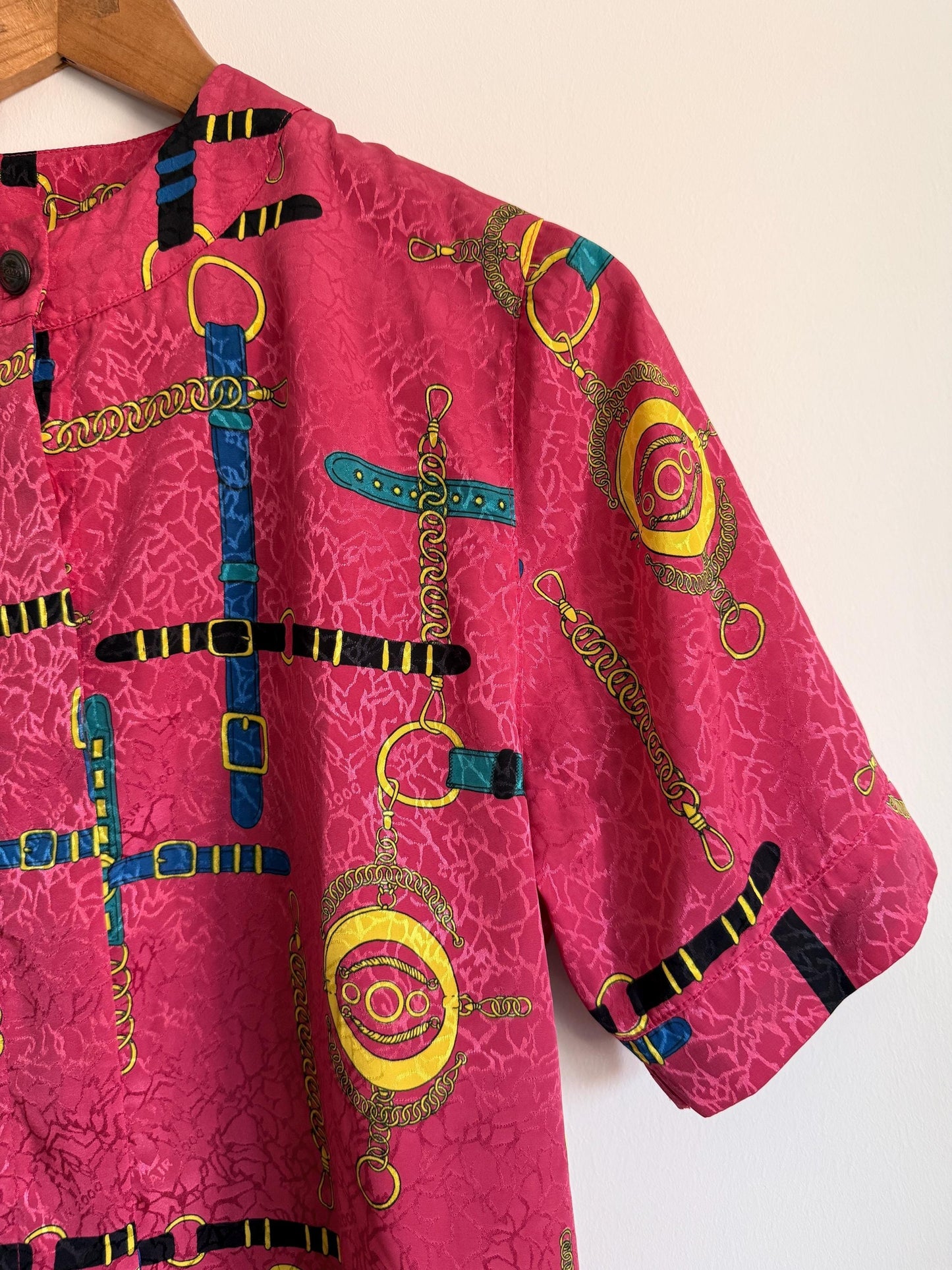 Vintage Pink Equestrian Print Blouse | Horse Bit Chain Print Top | 1980s Statement Blouse | Retro Pink Blouse | UK 14