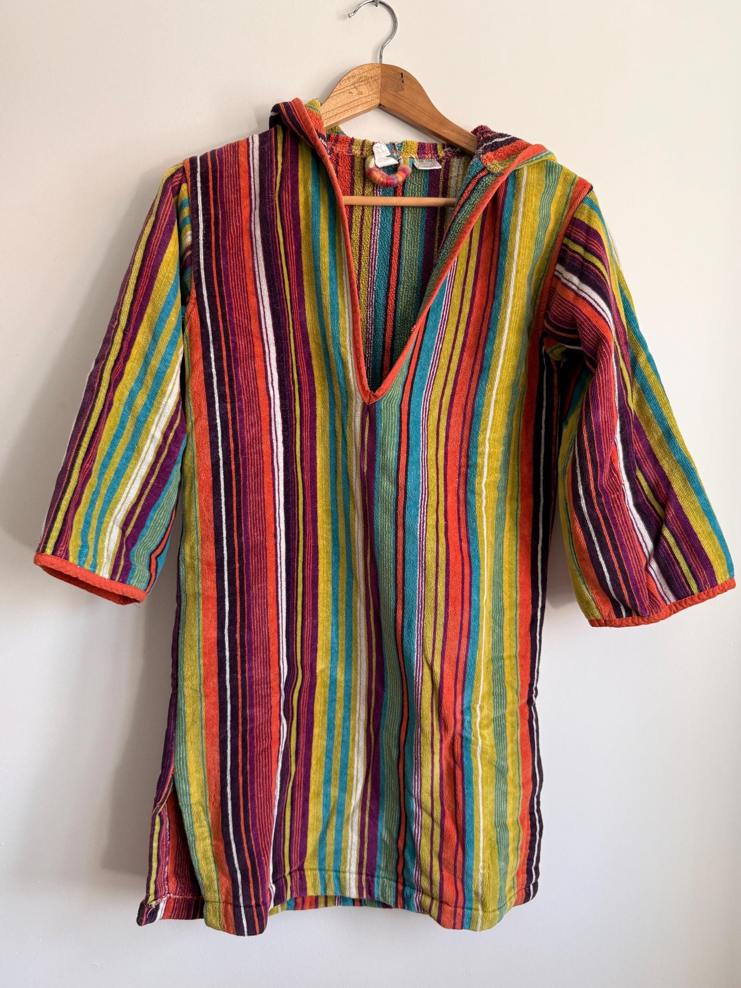 Vintage Rainbow Stripe Hooded Festival Top | Boho Hippie Cotton Hoodie | Nepal Festival Top | Ethnic Stripe Tunic | Festival Clothing