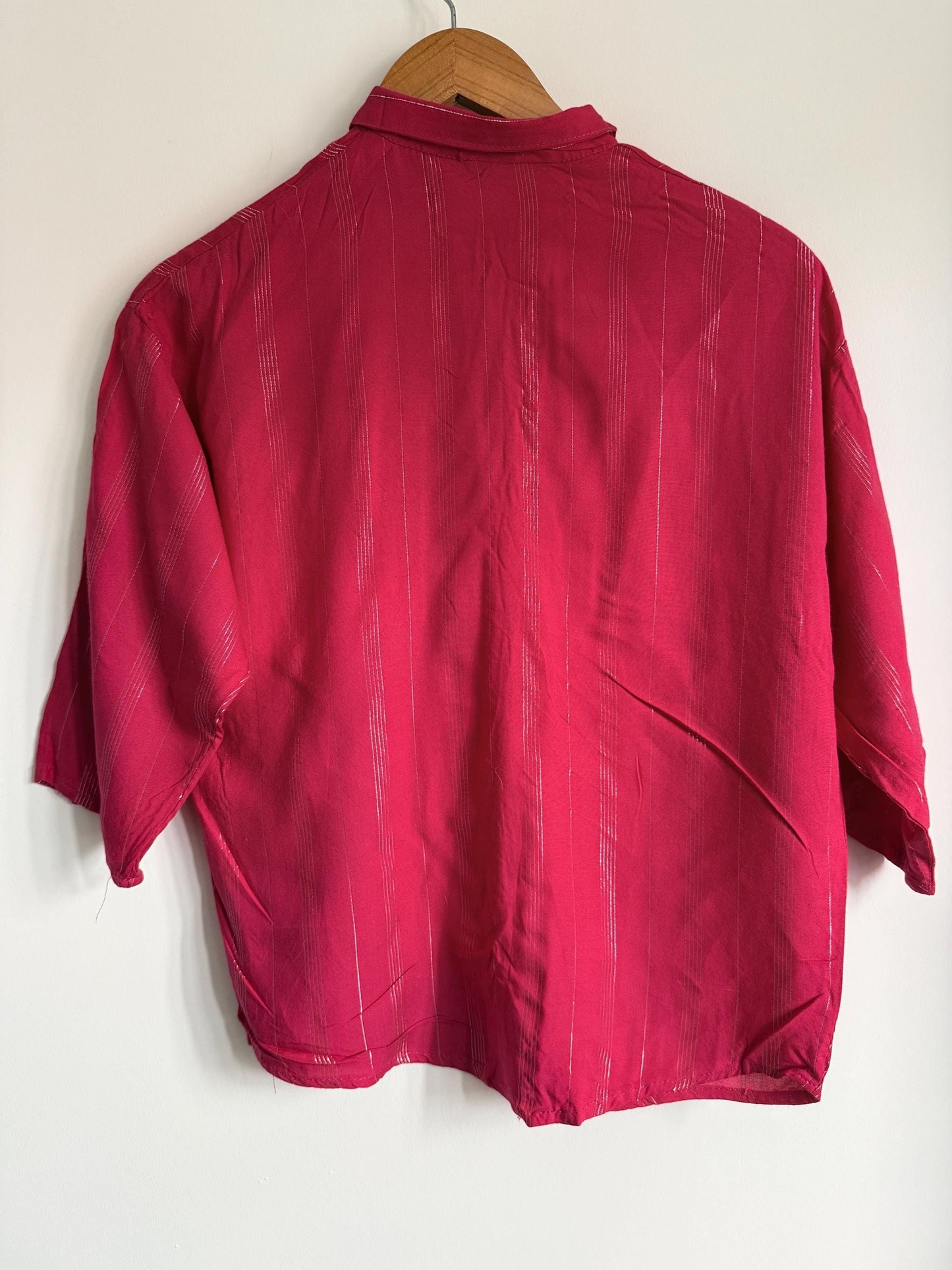Vintage Raspberry Pink Metallic Stripe Blouse | 80s Shimmer Button-Up Shirt | Retro Short Sleeve Blouse