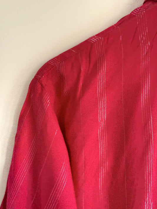 Vintage Raspberry Pink Metallic Stripe Blouse | 80s Shimmer Button-Up Shirt | Retro Short Sleeve Blouse