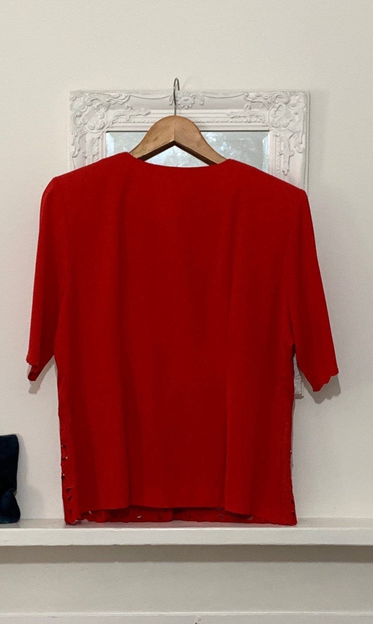 Vintage red Blouse - 1980s short Sleeve Size 14 cutout pattern to hem with shoulder pads