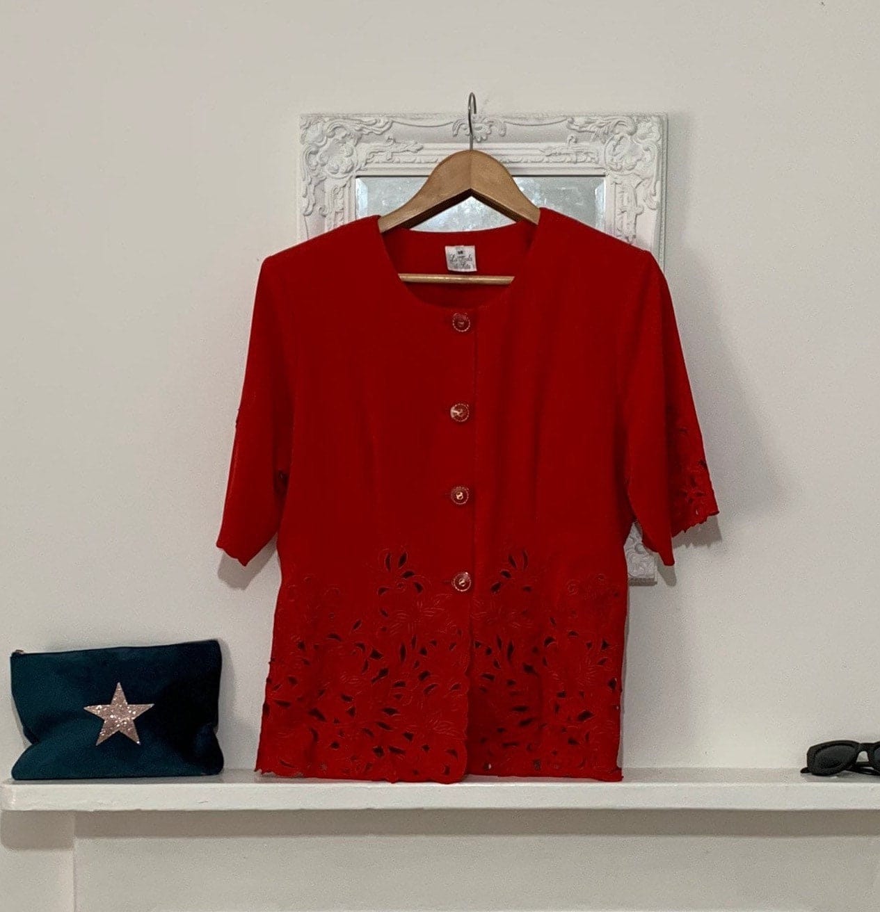 Vintage red Blouse - 1980s short Sleeve Size 14 cutout pattern to hem with shoulder pads