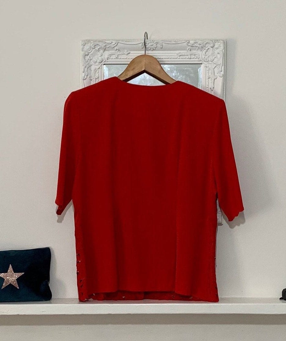 Vintage red Blouse - 1980s short Sleeve Size 14 cutout pattern to hem with shoulder pads